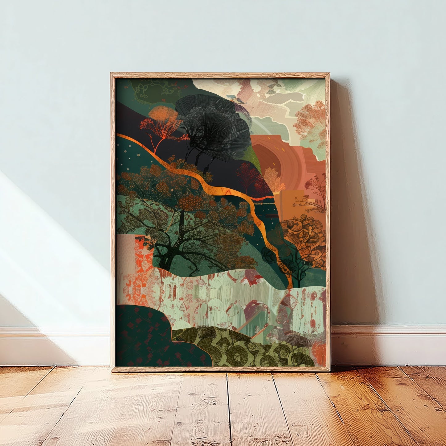 Abstract Woodland Art Print - Autumn Boho Landscape Poster - Textured Collage Painting - Whimsical Forest V5 1/3