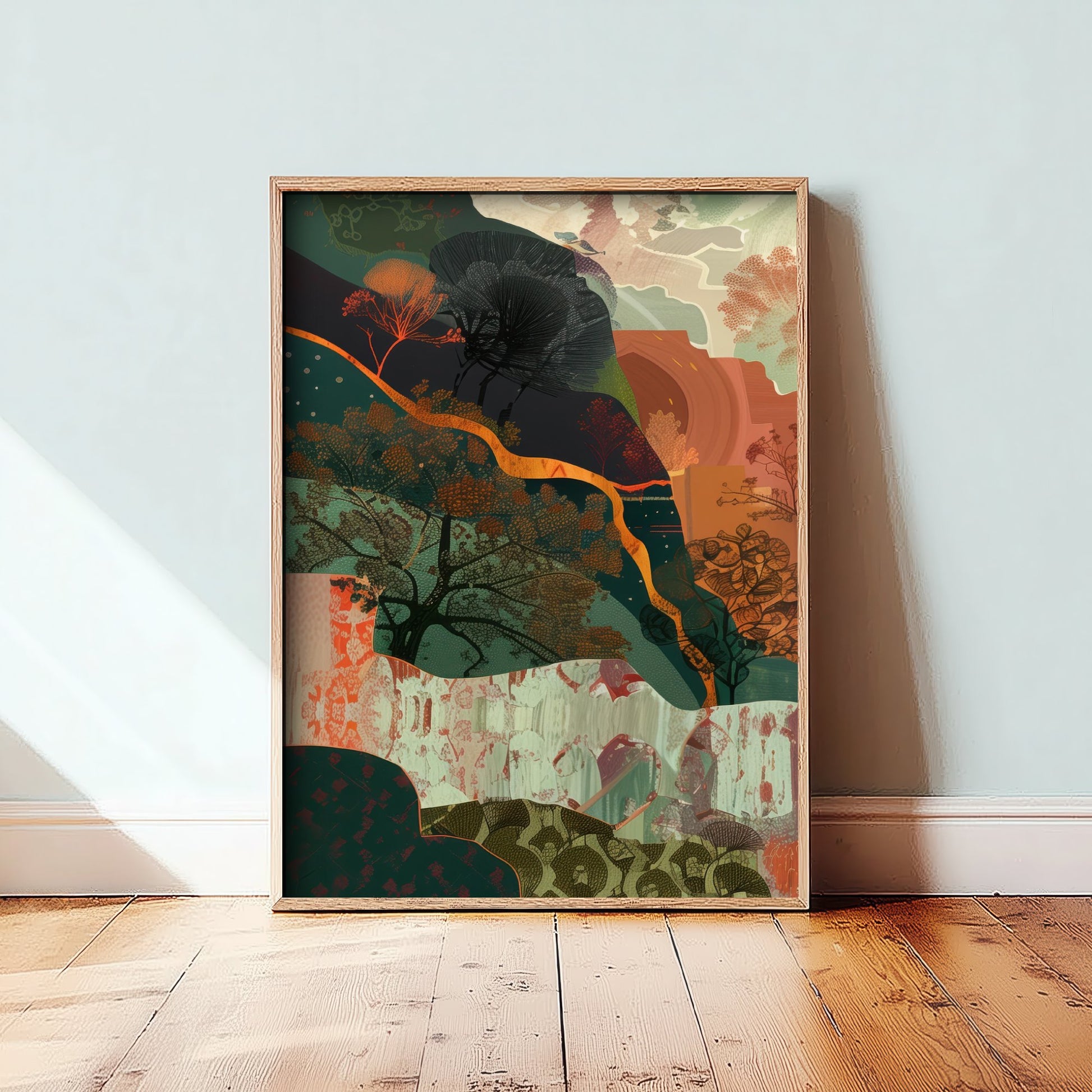 Abstract Woodland Art Print - Autumn Boho Landscape Poster - Textured Collage Painting - Whimsical Forest V5 1/3