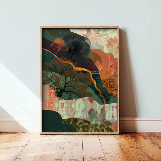 Abstract Woodland Art Print - Autumn Boho Landscape Poster - Textured Collage Painting - Whimsical Forest V5 1/3