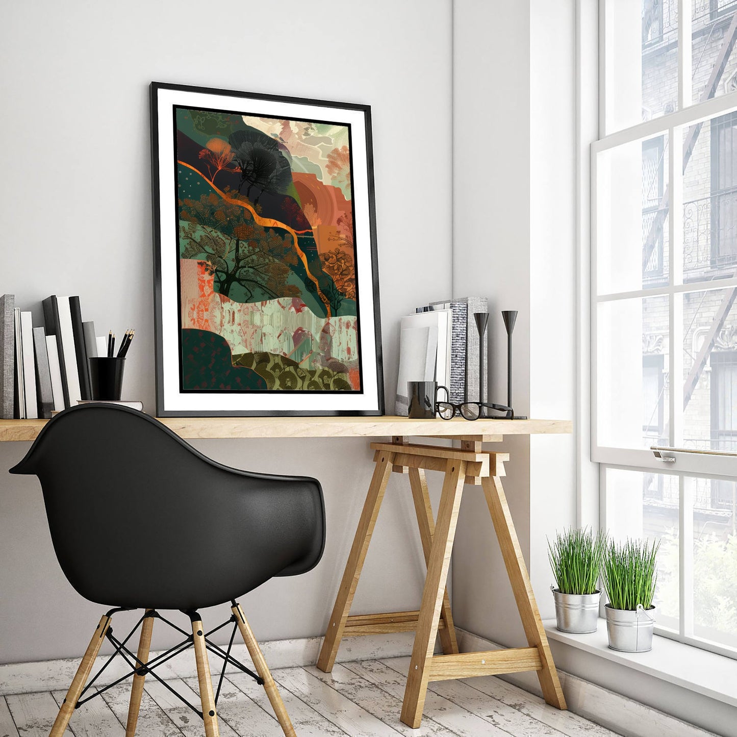Abstract Woodland Art Print - Autumn Boho Landscape Poster - Textured Collage Painting - Whimsical Forest V5 1/3