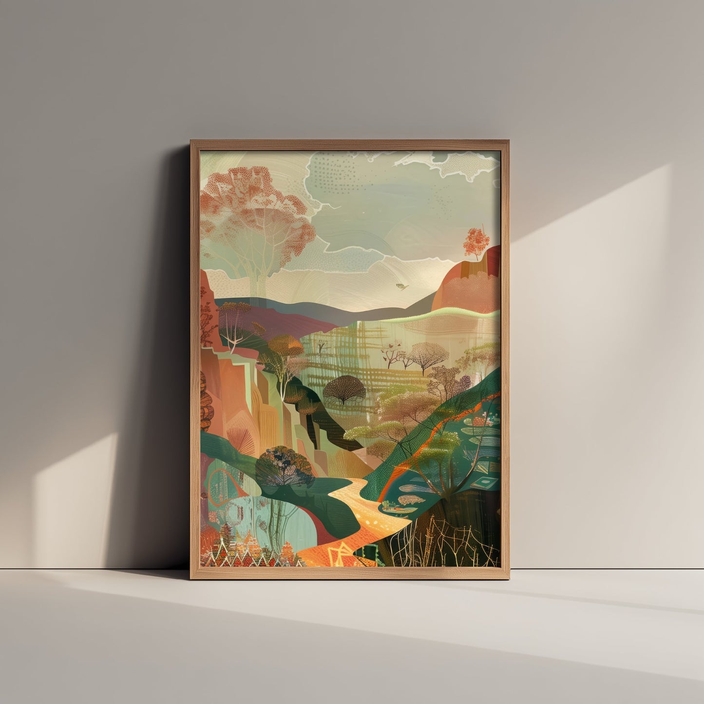 Abstract Woodland Art Print - Autumn Boho Landscape Poster - Textured Collage Painting - Forest Valley V5 2/3