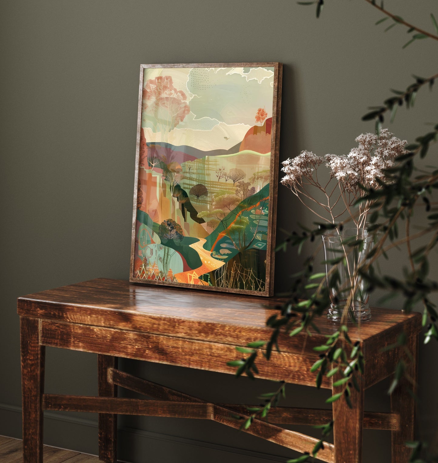 Abstract Woodland Art Print - Autumn Boho Landscape Poster - Textured Collage Painting - Forest Valley V5 2/3
