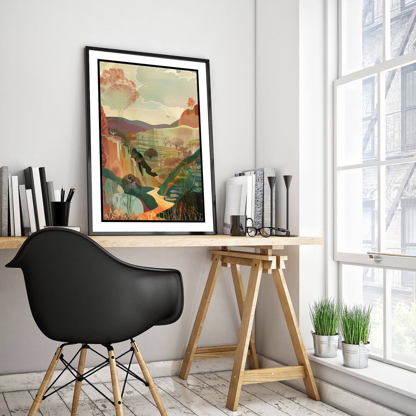 Abstract Woodland Art Print - Autumn Boho Landscape Poster - Textured Collage Painting - Forest Valley V5 2/3
