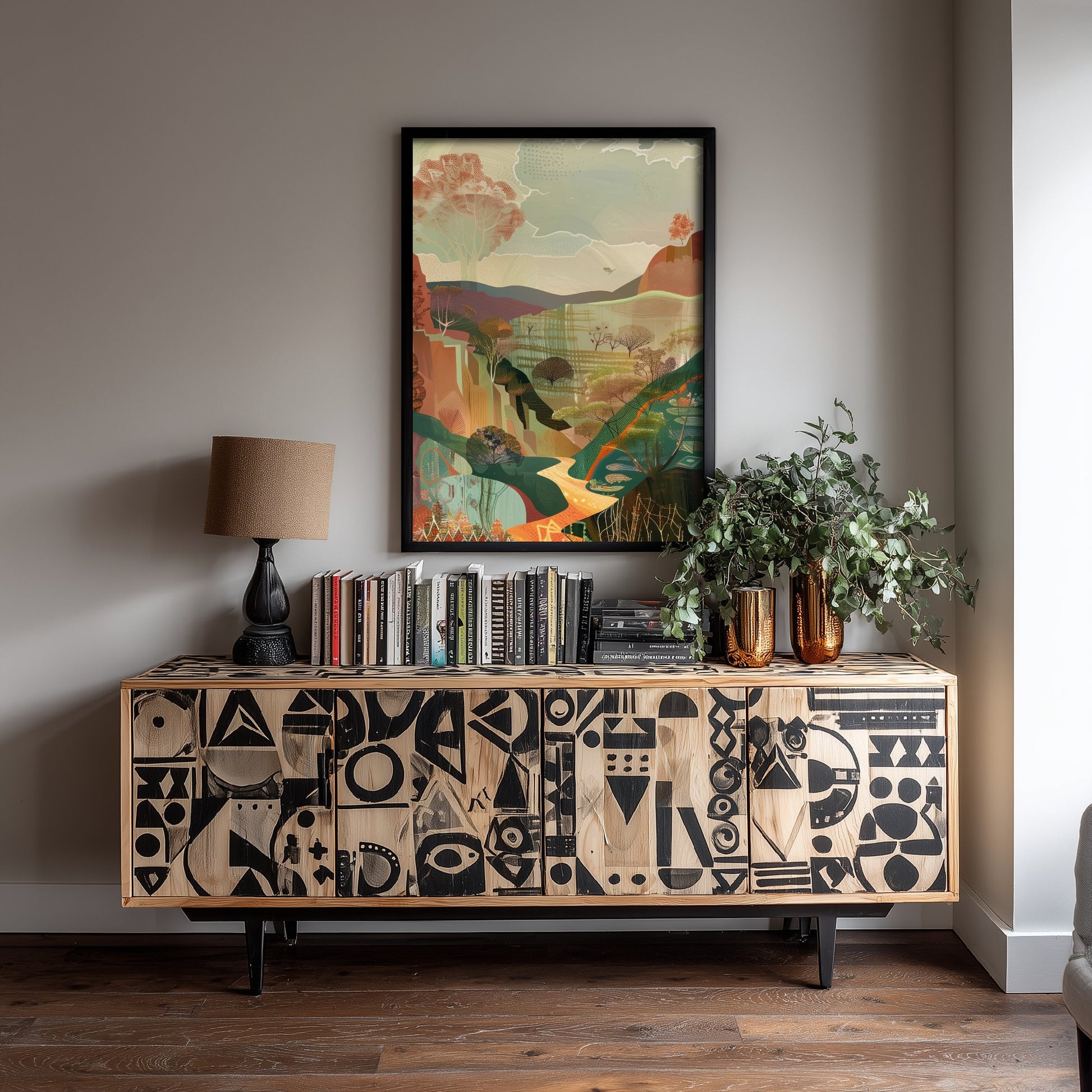 Abstract Woodland Art Print - Autumn Boho Landscape Poster - Textured Collage Painting - Forest Valley V5 2/3