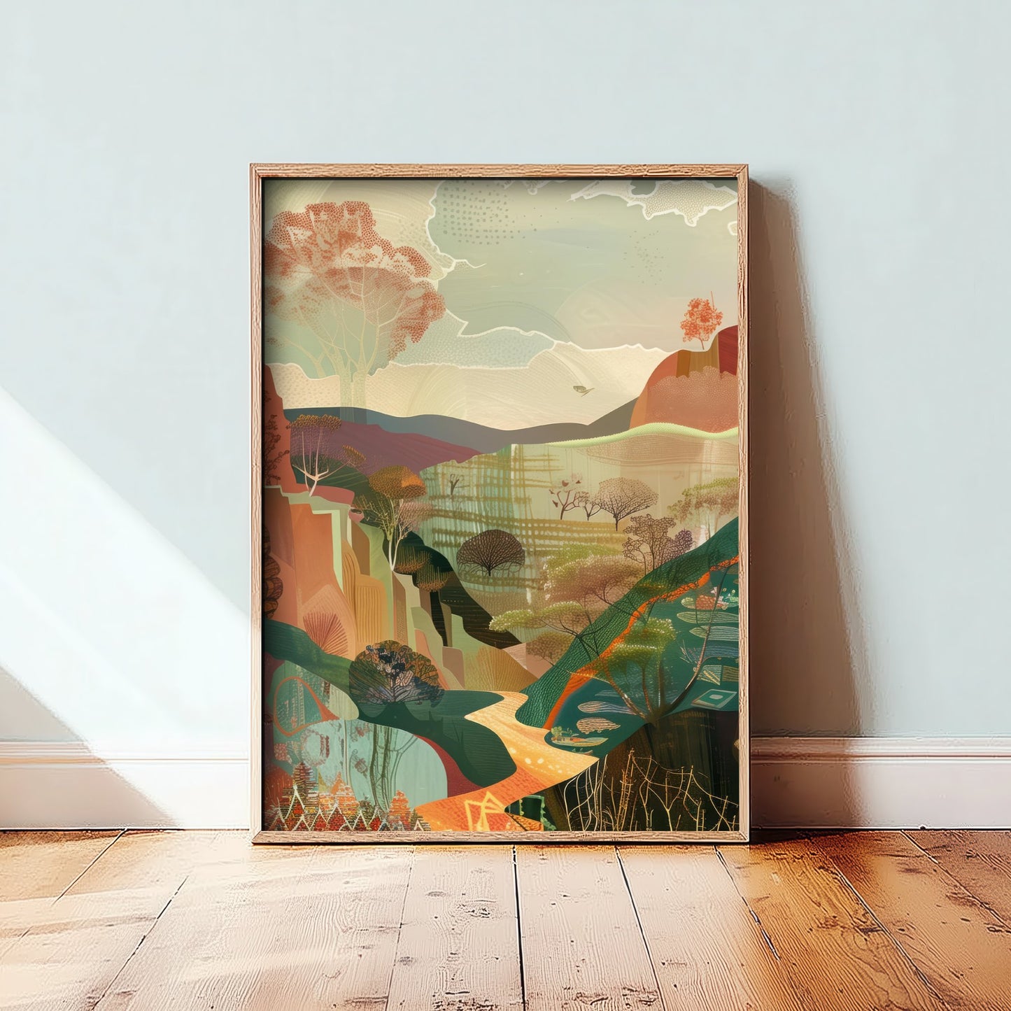 Abstract Woodland Art Print - Autumn Boho Landscape Poster - Textured Collage Painting - Forest Valley V5 2/3