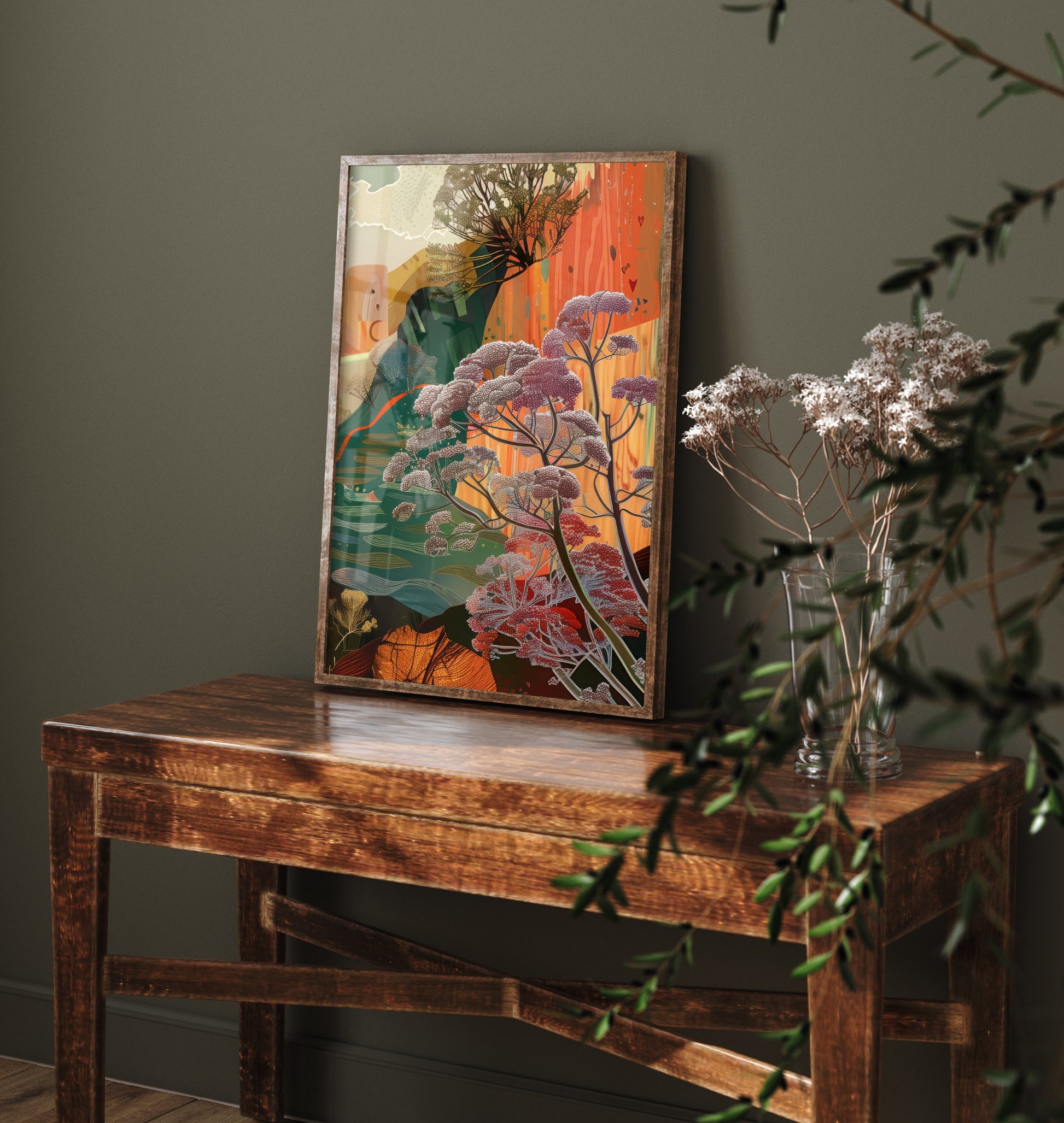 Abstract Woodland Art Print - Autumn Boho Landscape Poster - Textured Collage Painting - Blossom Trees V5 3/3
