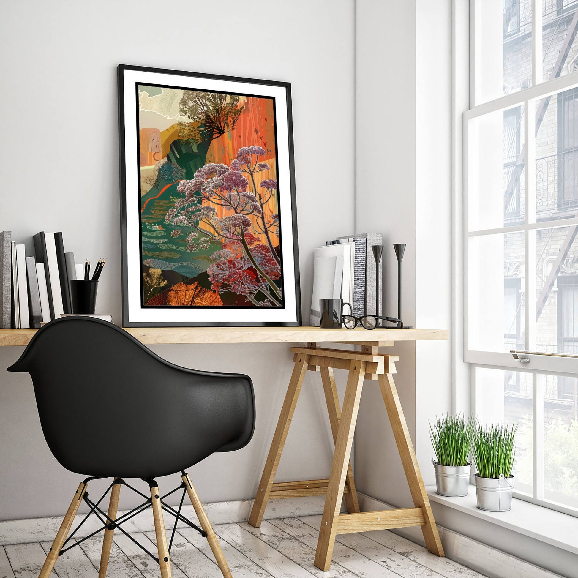 Abstract Woodland Art Print - Autumn Boho Landscape Poster - Textured Collage Painting - Blossom Trees V5 3/3