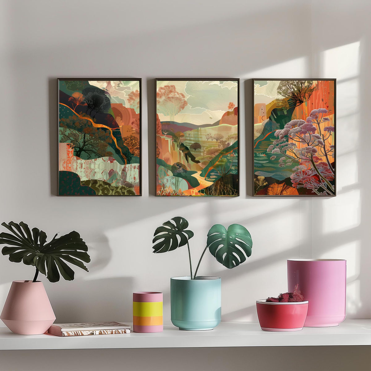 Conceptual Canyon Set of Three Prints V5 - Earthy Autumn Collage Valley - Boho Abstract Landscape Illustration Wall Art Poster