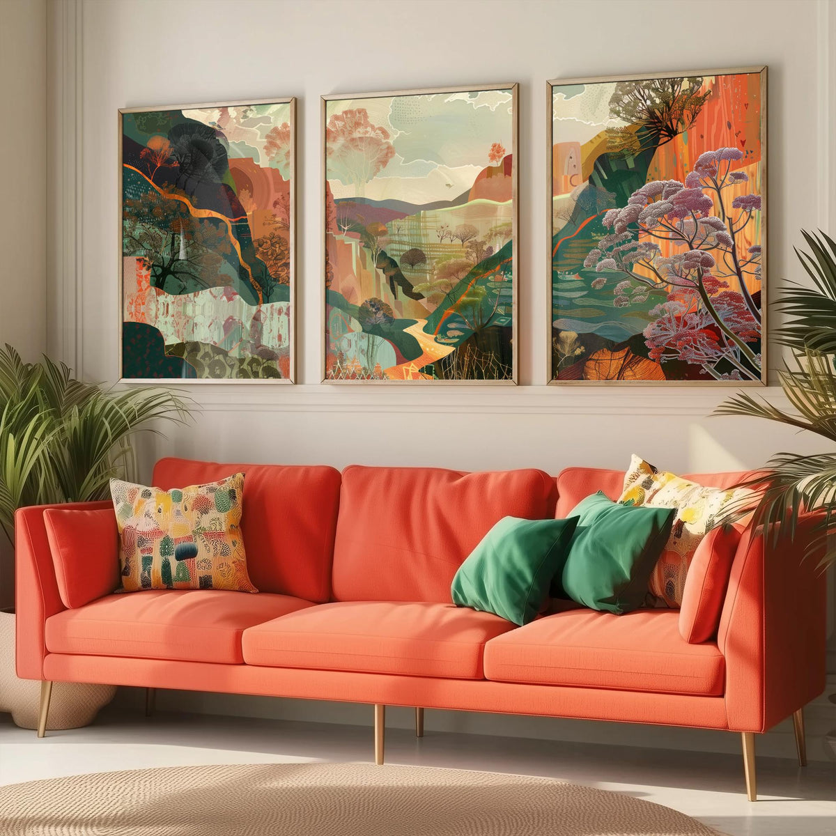 Conceptual Canyon Set of Three Prints V5 - Earthy Autumn Collage Valley - Boho Abstract Landscape Illustration Wall Art Poster