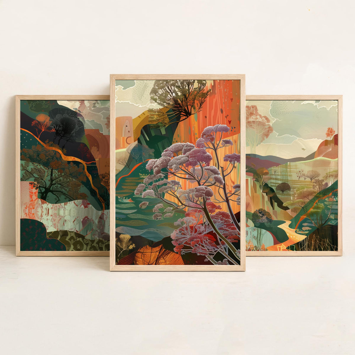 Conceptual Canyon Set of Three Prints V5 - Earthy Autumn Collage Valley - Boho Abstract Landscape Illustration Wall Art Poster