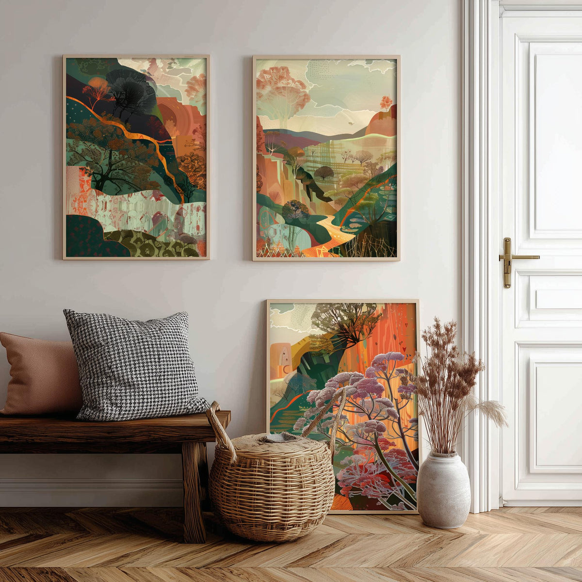 Conceptual Canyon Set of Three Prints V5 - Earthy Autumn Collage Valley - Boho Abstract Landscape Illustration Wall Art Poster