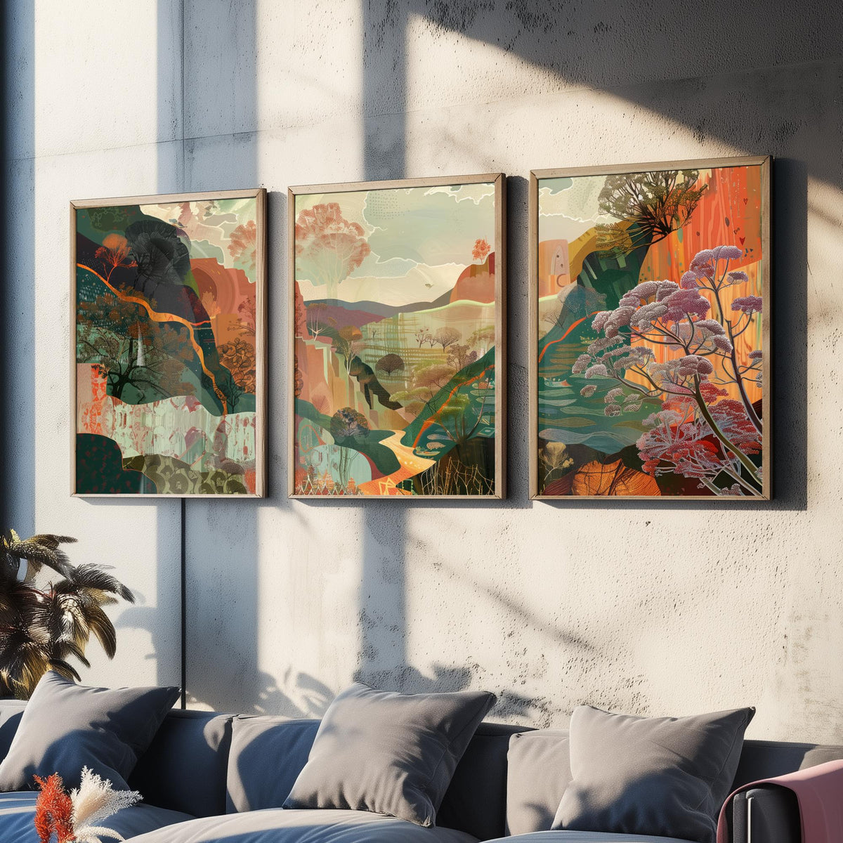 Conceptual Canyon Set of Three Prints V5 - Earthy Autumn Collage Valley - Boho Abstract Landscape Illustration Wall Art Poster