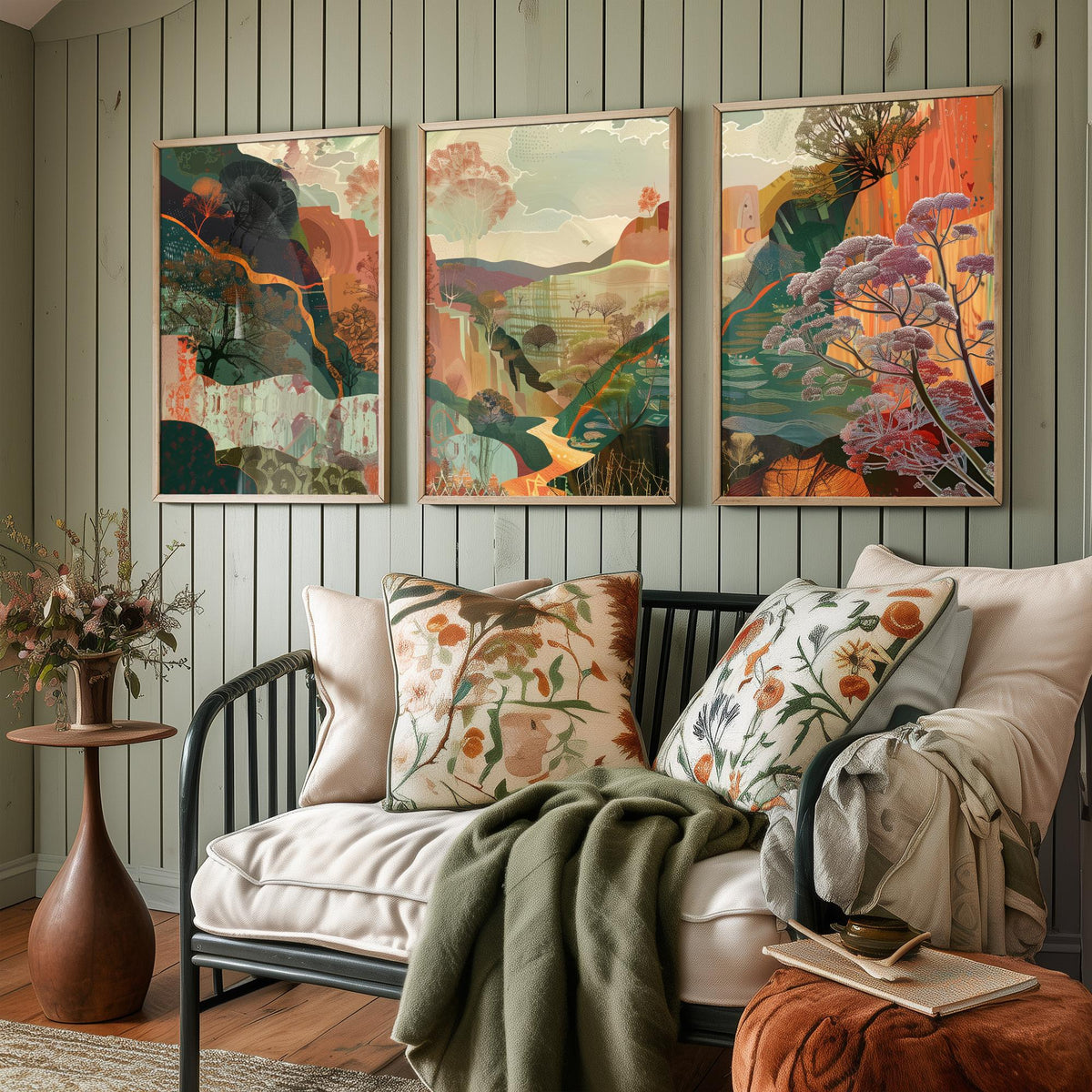 Conceptual Canyon Set of Three Prints V5 - Earthy Autumn Collage Valley - Boho Abstract Landscape Illustration Wall Art Poster