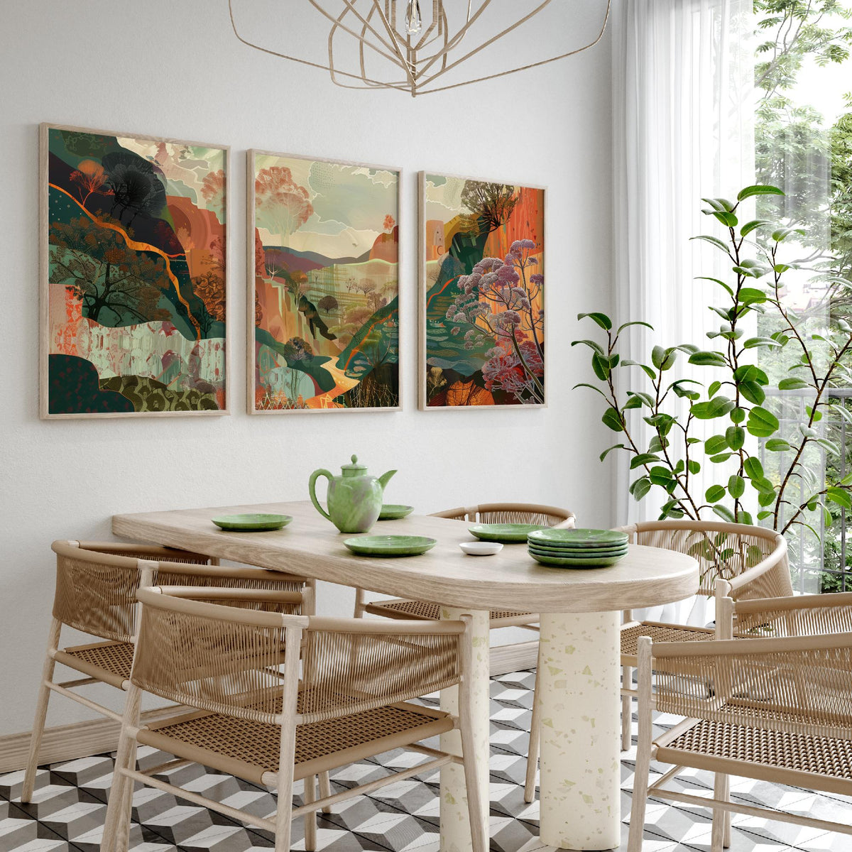 Conceptual Canyon Set of Three Prints V5 - Earthy Autumn Collage Valley - Boho Abstract Landscape Illustration Wall Art Poster