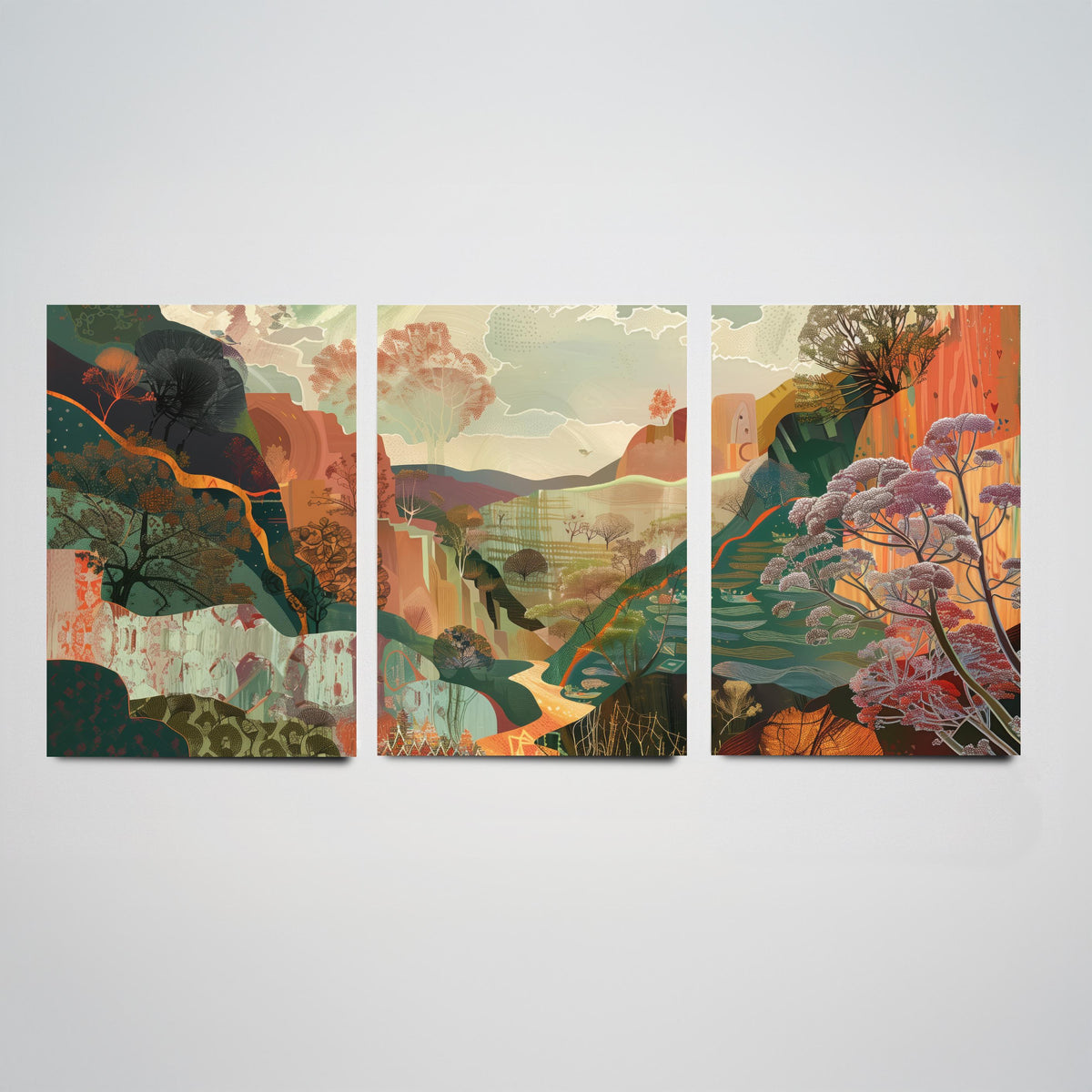 Conceptual Canyon Set of Three Prints V5 - Earthy Autumn Collage Valley - Boho Abstract Landscape Illustration Wall Art Poster
