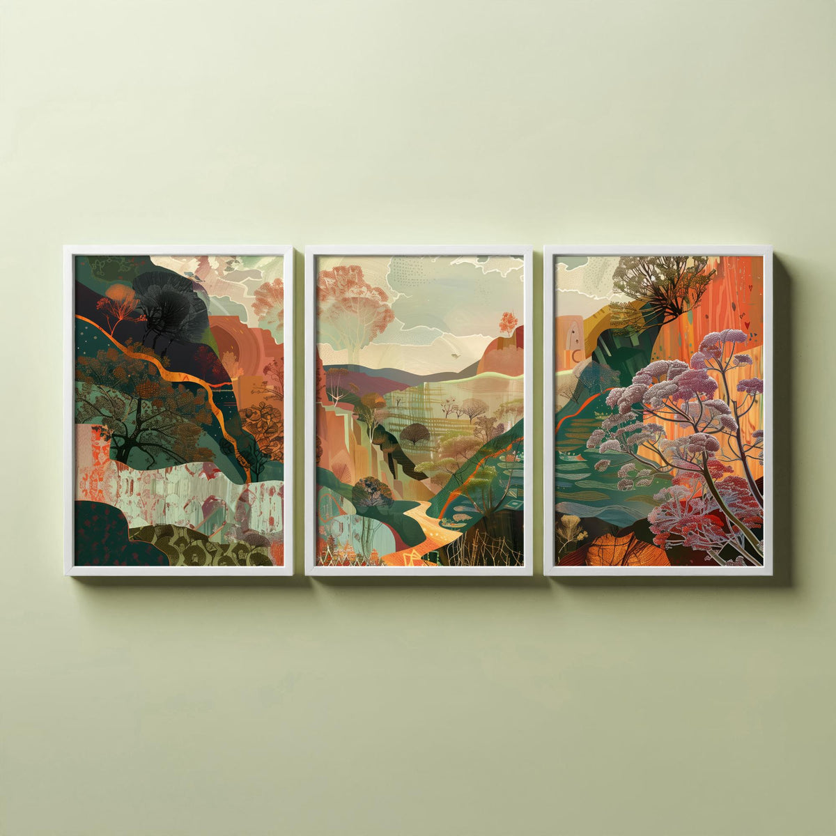 Conceptual Canyon Set of Three Prints V5 - Earthy Autumn Collage Valley - Boho Abstract Landscape Illustration Wall Art Poster