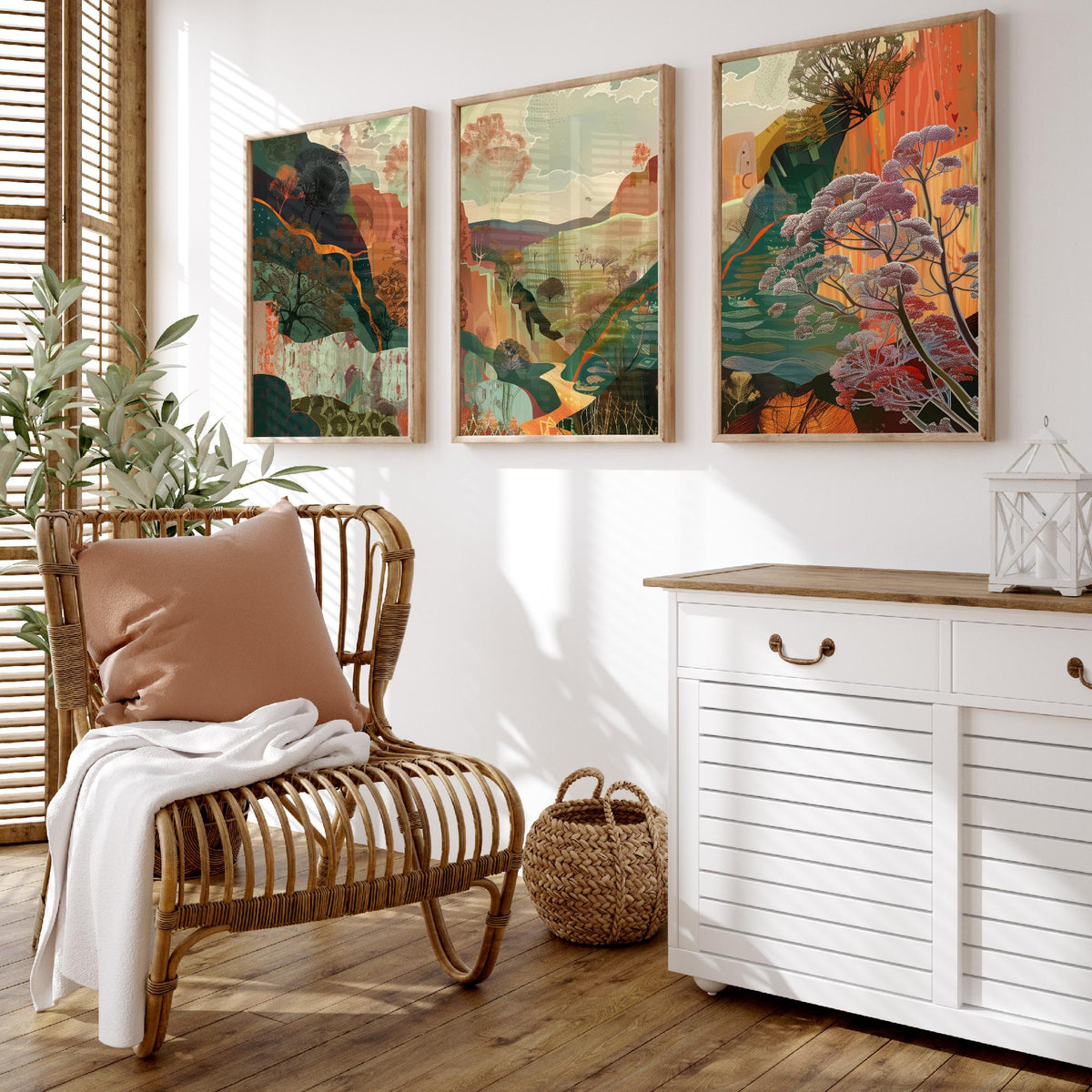Conceptual Canyon Set of Three Prints V5 - Earthy Autumn Collage Valley - Boho Abstract Landscape Illustration Wall Art Poster