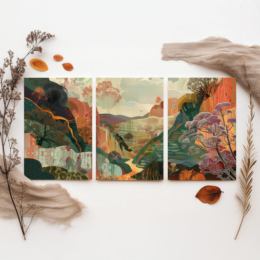 Conceptual Canyon Set of Three Prints V5 - Earthy Autumn Collage Valley - Boho Abstract Landscape Illustration Wall Art Poster