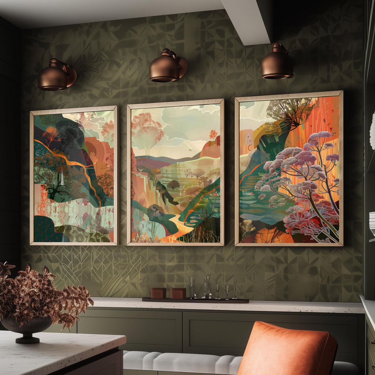 Conceptual Canyon Set of Three Prints V5 - Earthy Autumn Collage Valley - Boho Abstract Landscape Illustration Wall Art Poster