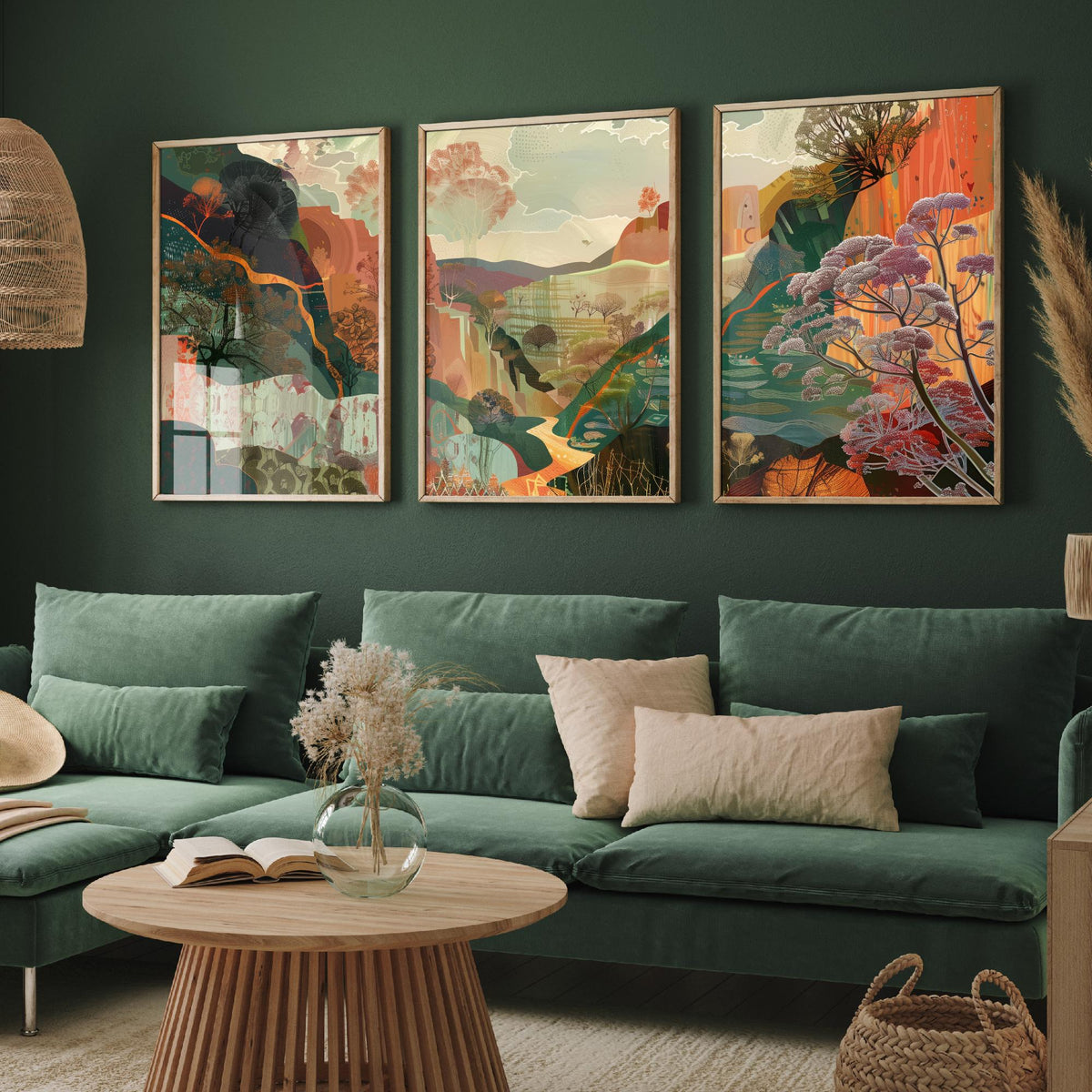 Conceptual Canyon Set of Three Prints V5 - Earthy Autumn Collage Valley - Boho Abstract Landscape Illustration Wall Art Poster