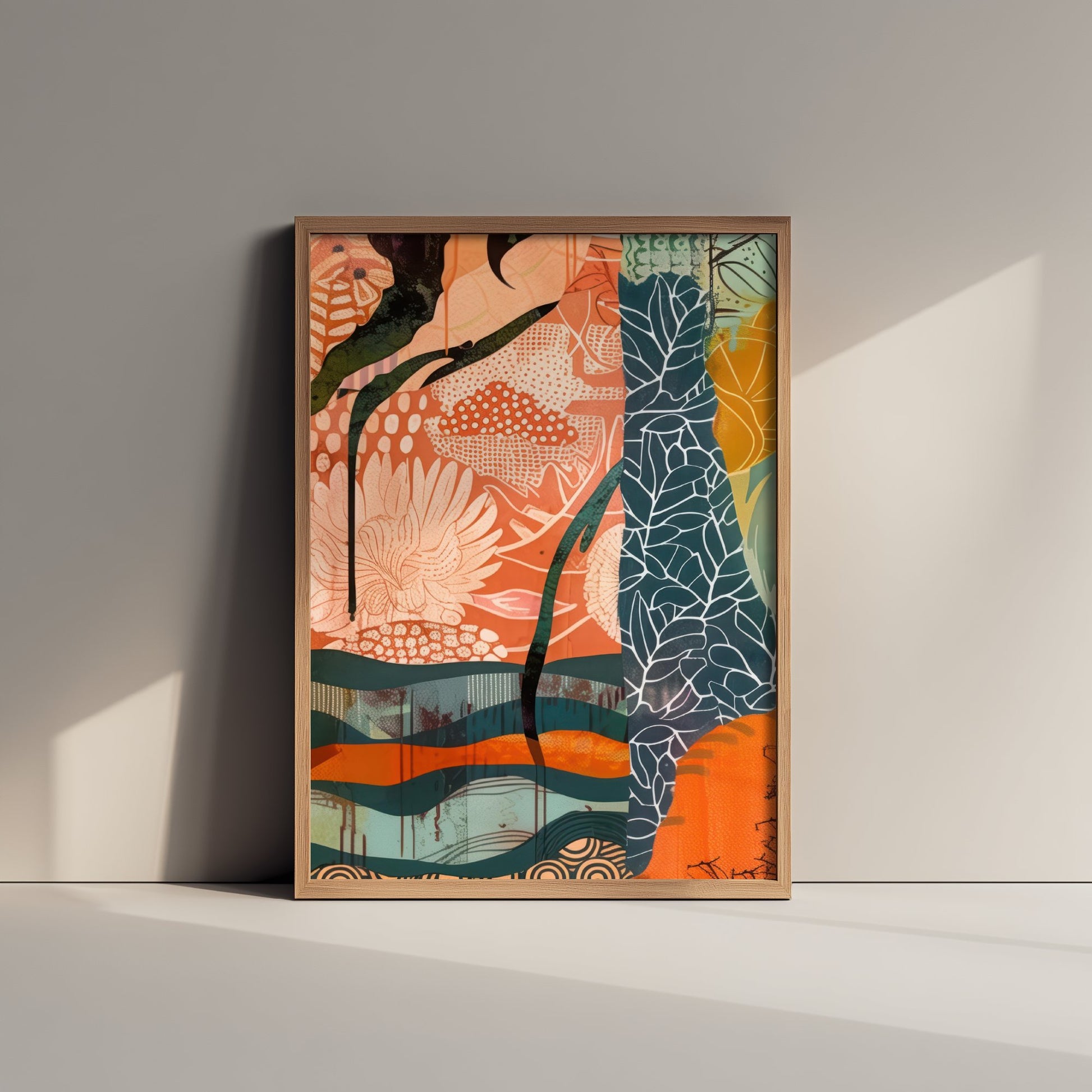 Abstract Canyon Art Print - Coral Pink Sunset Poster - Boho Textured Painting - Patterned Cliffs V6 1/3