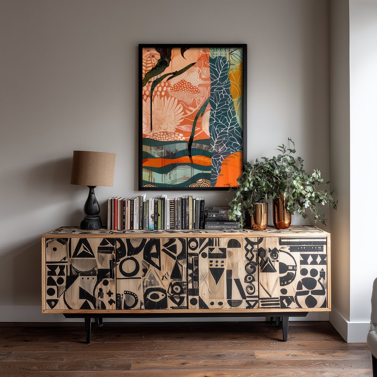 Abstract Canyon Art Print - Coral Pink Sunset Poster - Boho Textured Painting - Patterned Cliffs V6 1/3