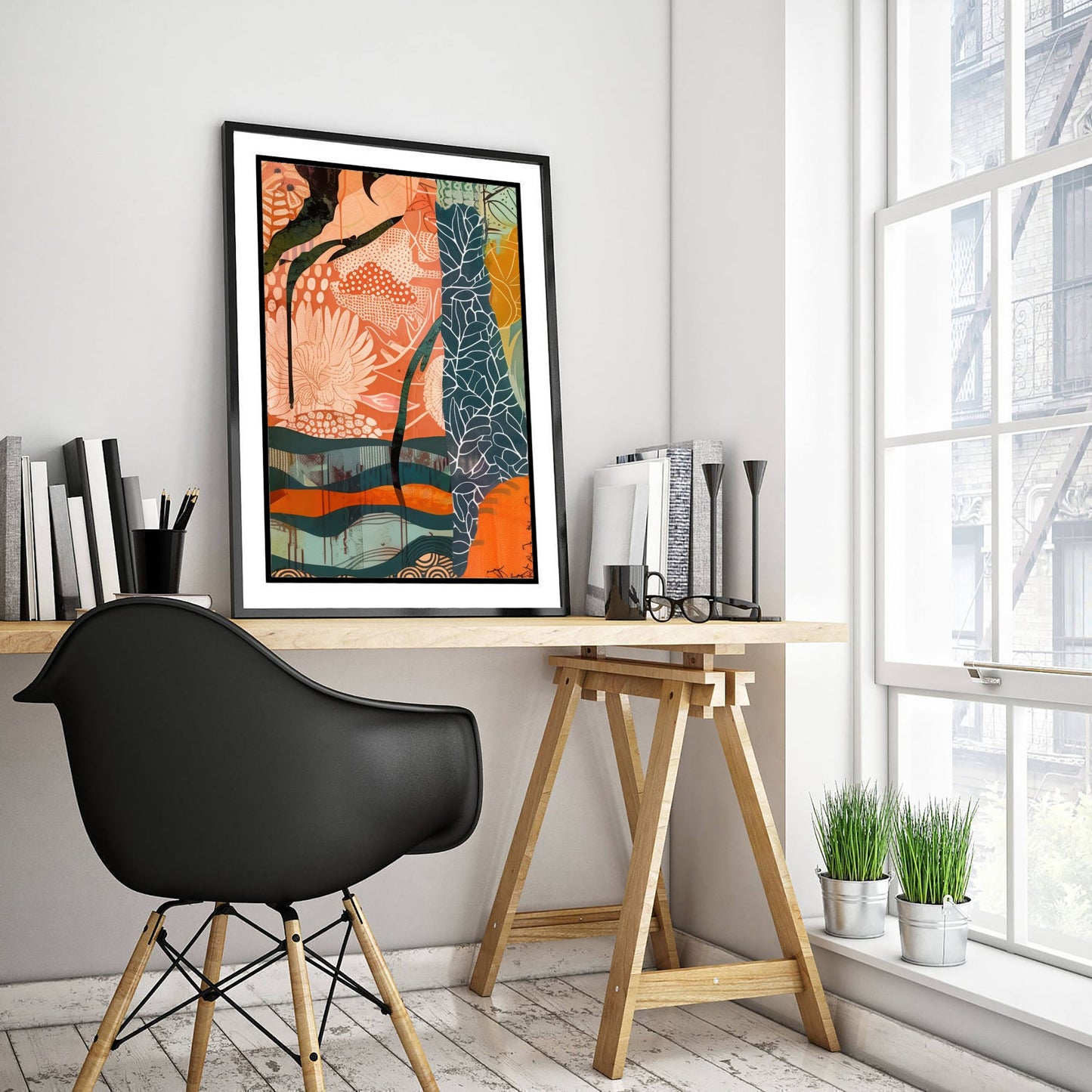 Abstract Canyon Art Print - Coral Pink Sunset Poster - Boho Textured Painting - Patterned Cliffs V6 1/3