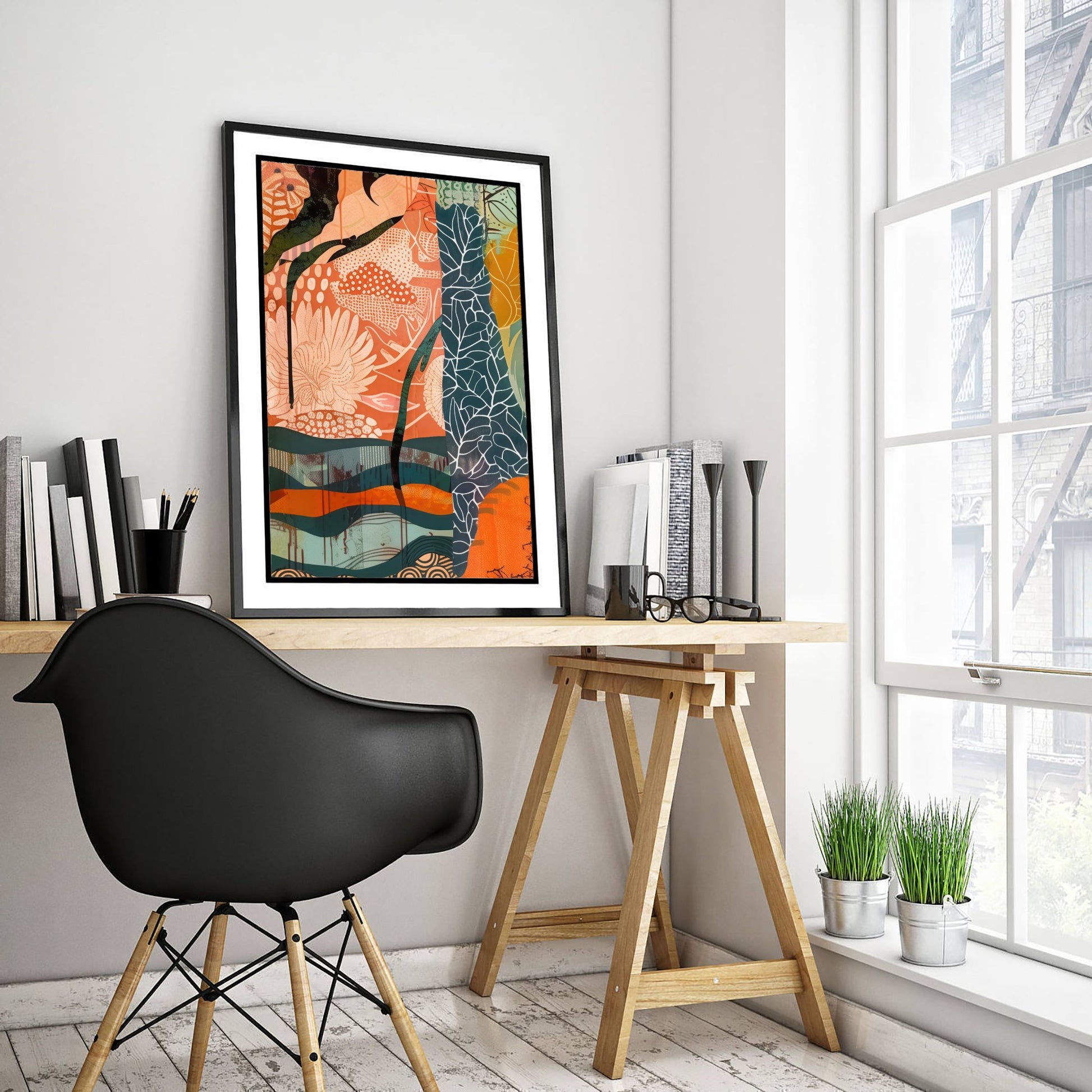 Abstract Canyon Art Print - Coral Pink Sunset Poster - Boho Textured Painting - Patterned Cliffs V6 1/3