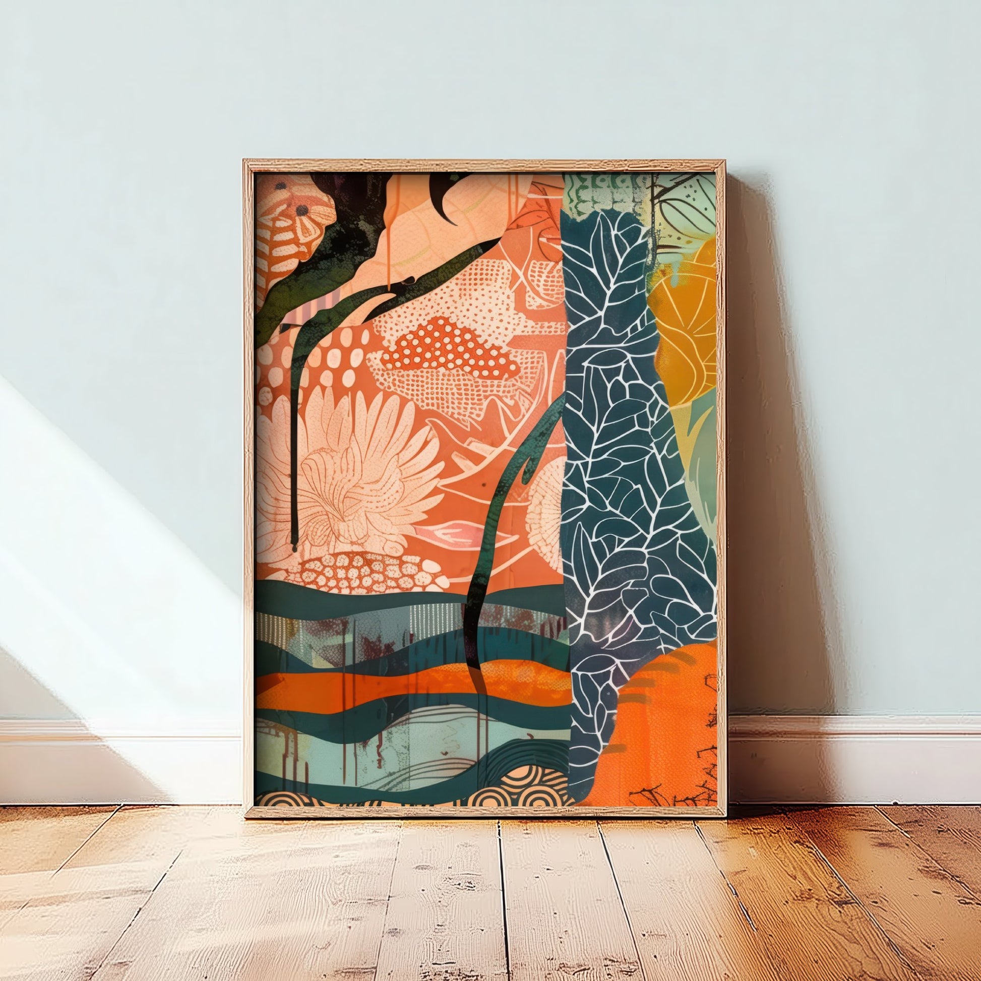 Abstract Canyon Art Print - Coral Pink Sunset Poster - Boho Textured Painting - Patterned Cliffs V6 1/3