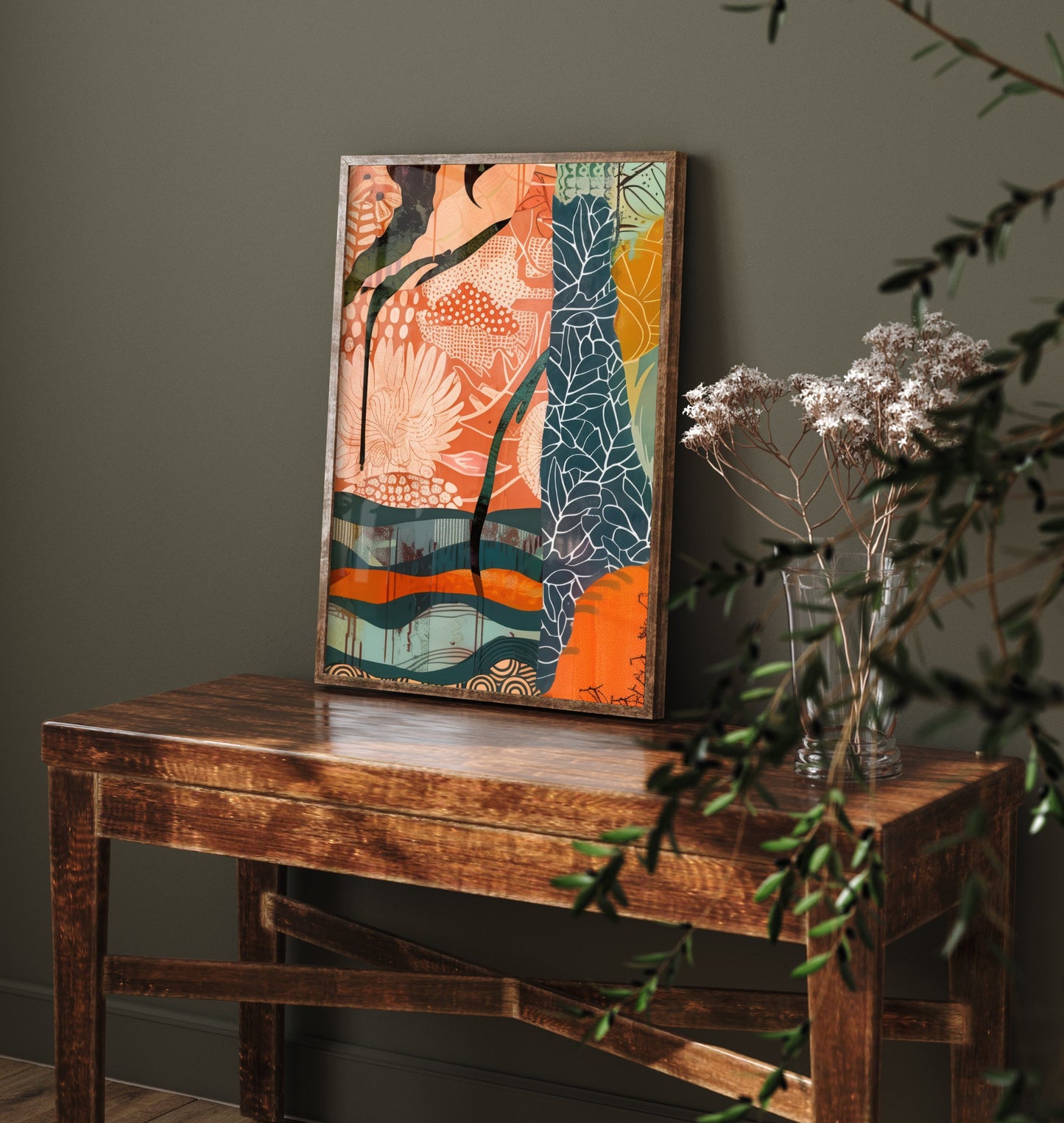 Abstract Canyon Art Print - Coral Pink Sunset Poster - Boho Textured Painting - Patterned Cliffs V6 1/3