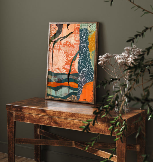 Abstract Canyon Art Print - Coral Pink Sunset Poster - Boho Textured Painting - Patterned Cliffs V6 1/3