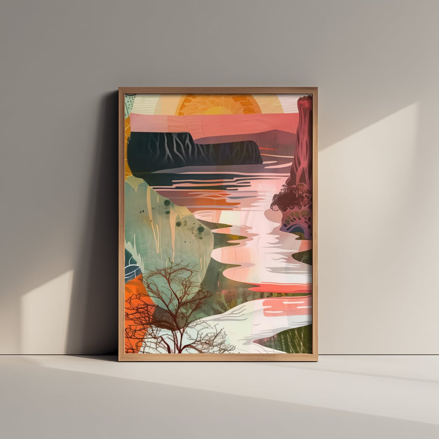 Abstract Canyon Art Print - Coral Pink Sunset Poster - Boho Textured Painting - Sunset River V6 2/3