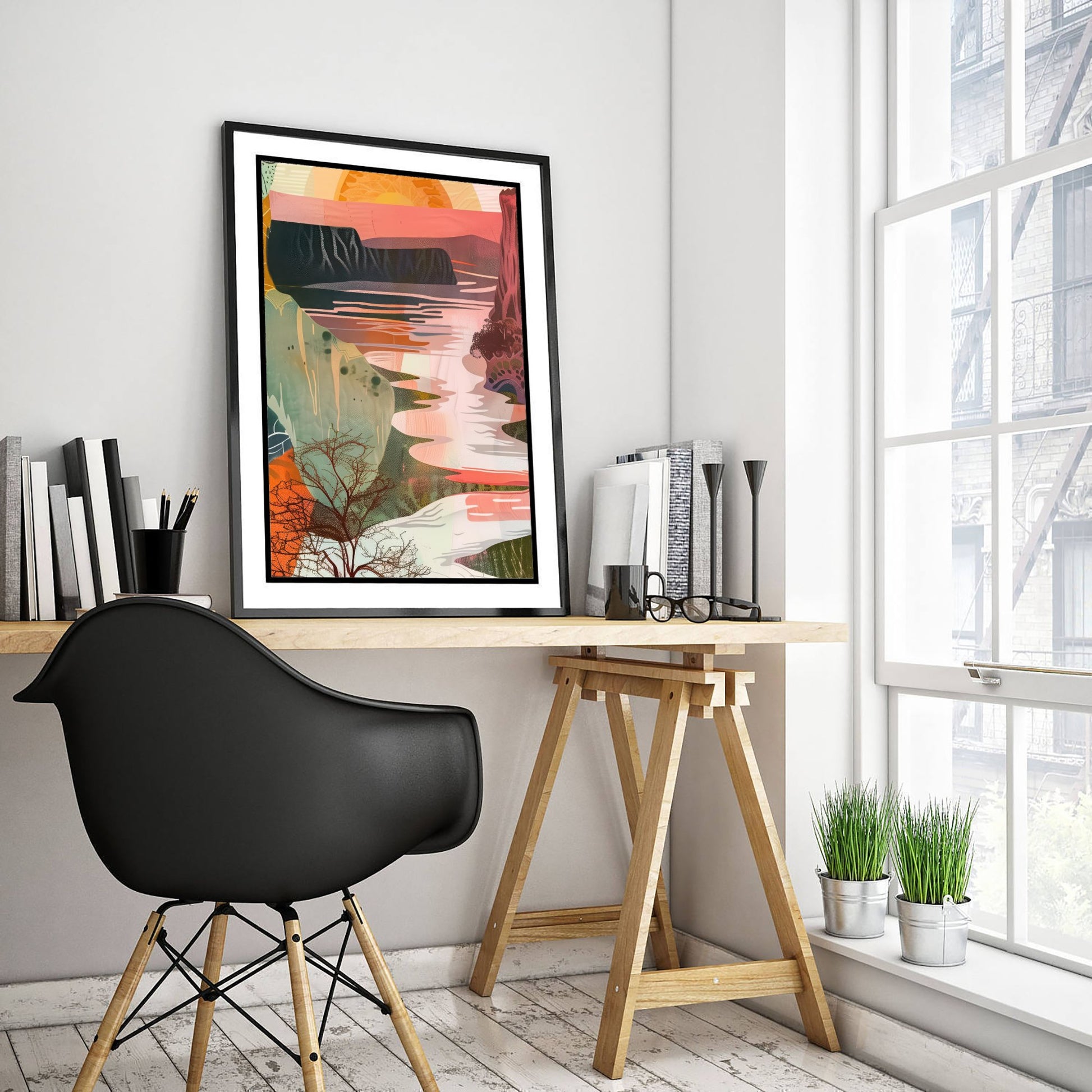 Abstract Canyon Art Print - Coral Pink Sunset Poster - Boho Textured Painting - Sunset River V6 2/3