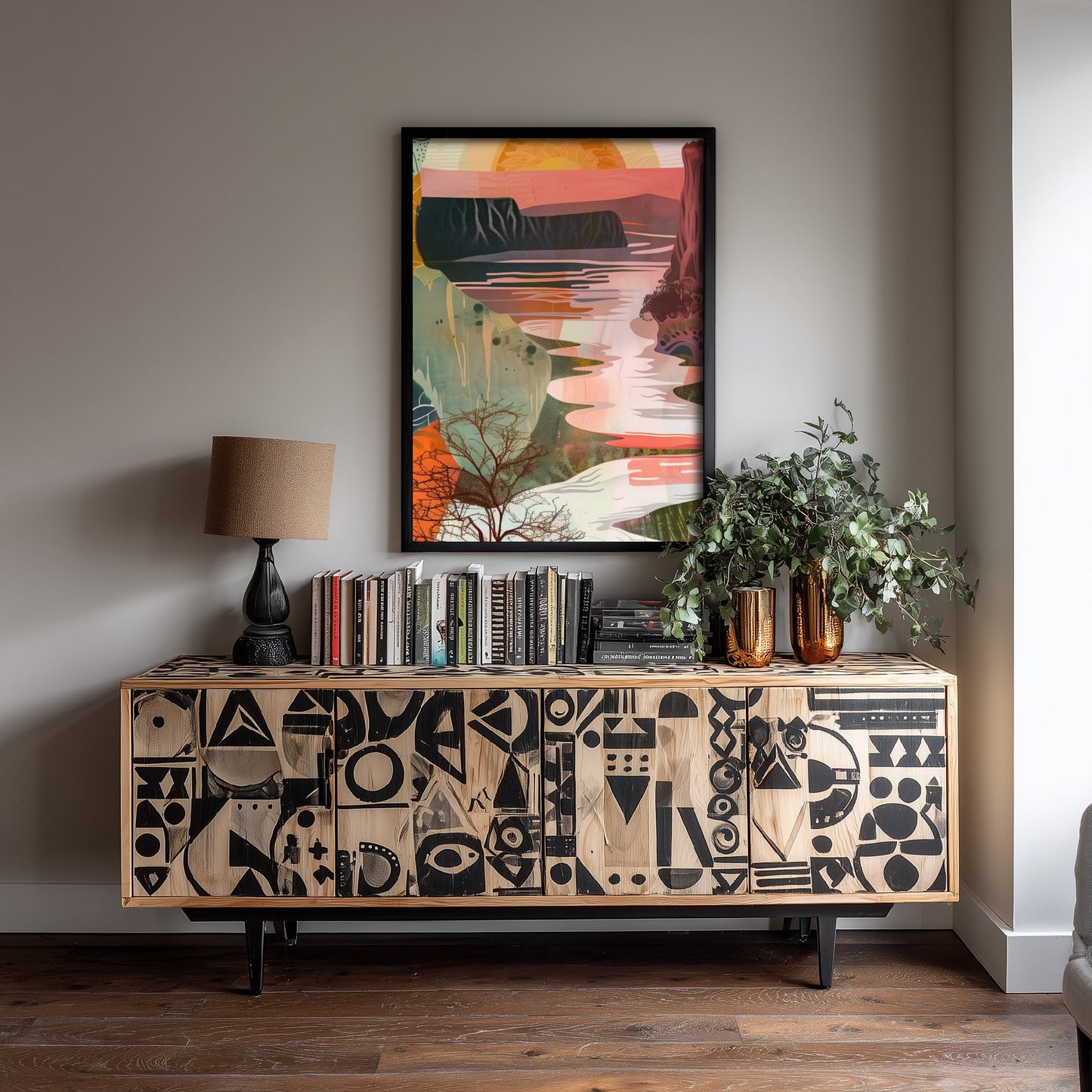 Abstract Canyon Art Print - Coral Pink Sunset Poster - Boho Textured Painting - Sunset River V6 2/3