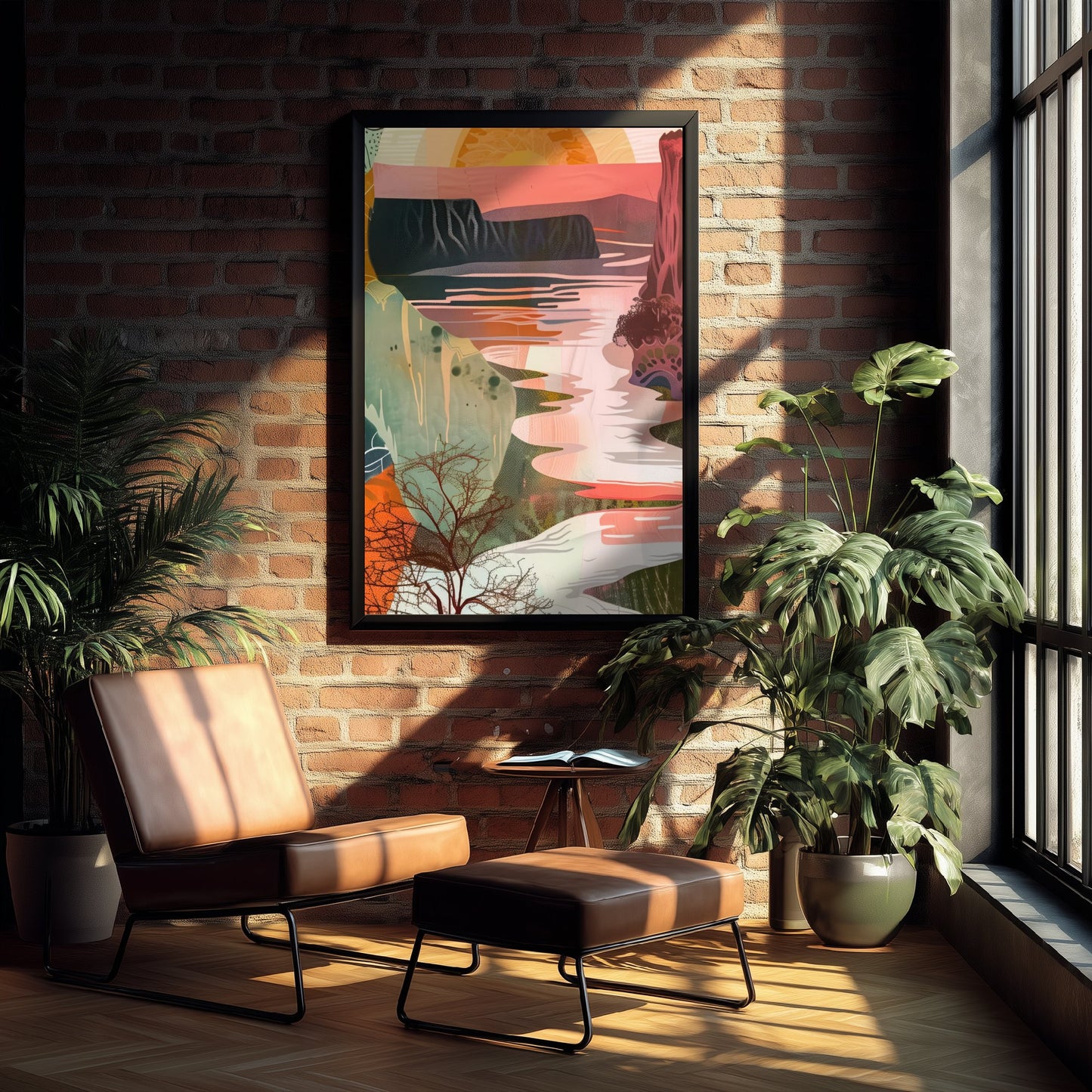 Abstract Canyon Art Print - Coral Pink Sunset Poster - Boho Textured Painting - Sunset River V6 2/3