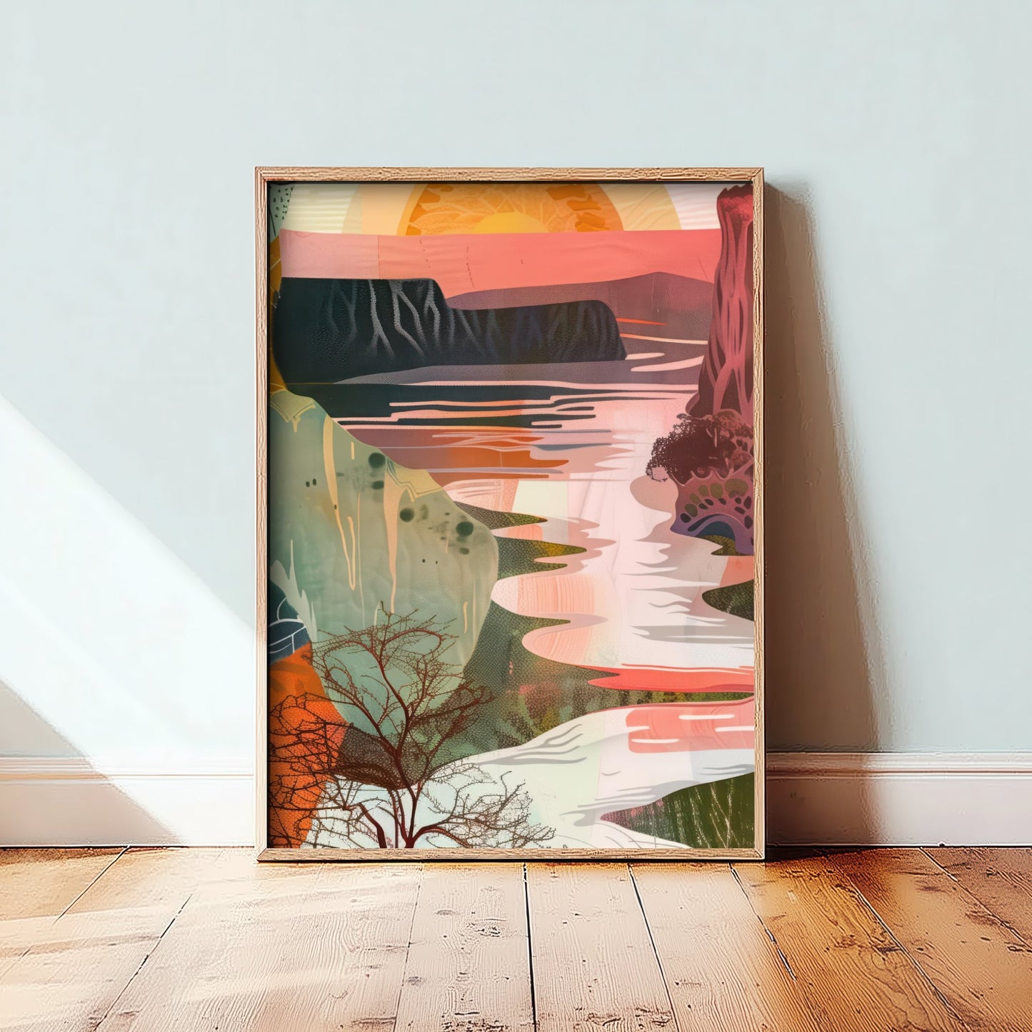Abstract Canyon Art Print - Coral Pink Sunset Poster - Boho Textured Painting - Sunset River V6 2/3