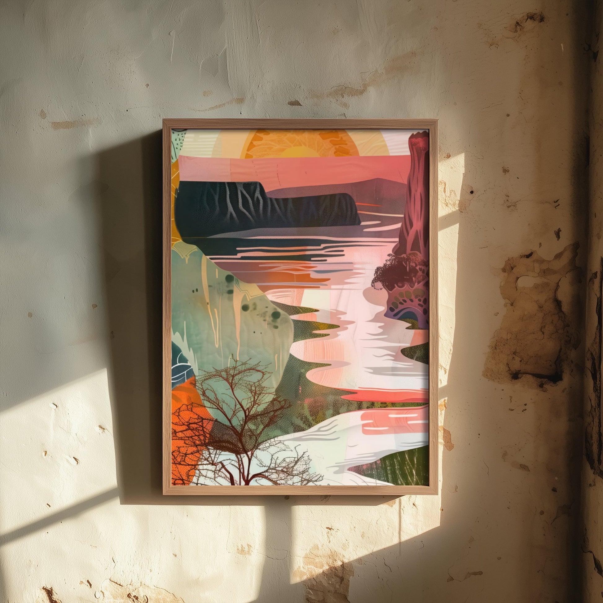 Abstract Canyon Art Print - Coral Pink Sunset Poster - Boho Textured Painting - Sunset River V6 2/3