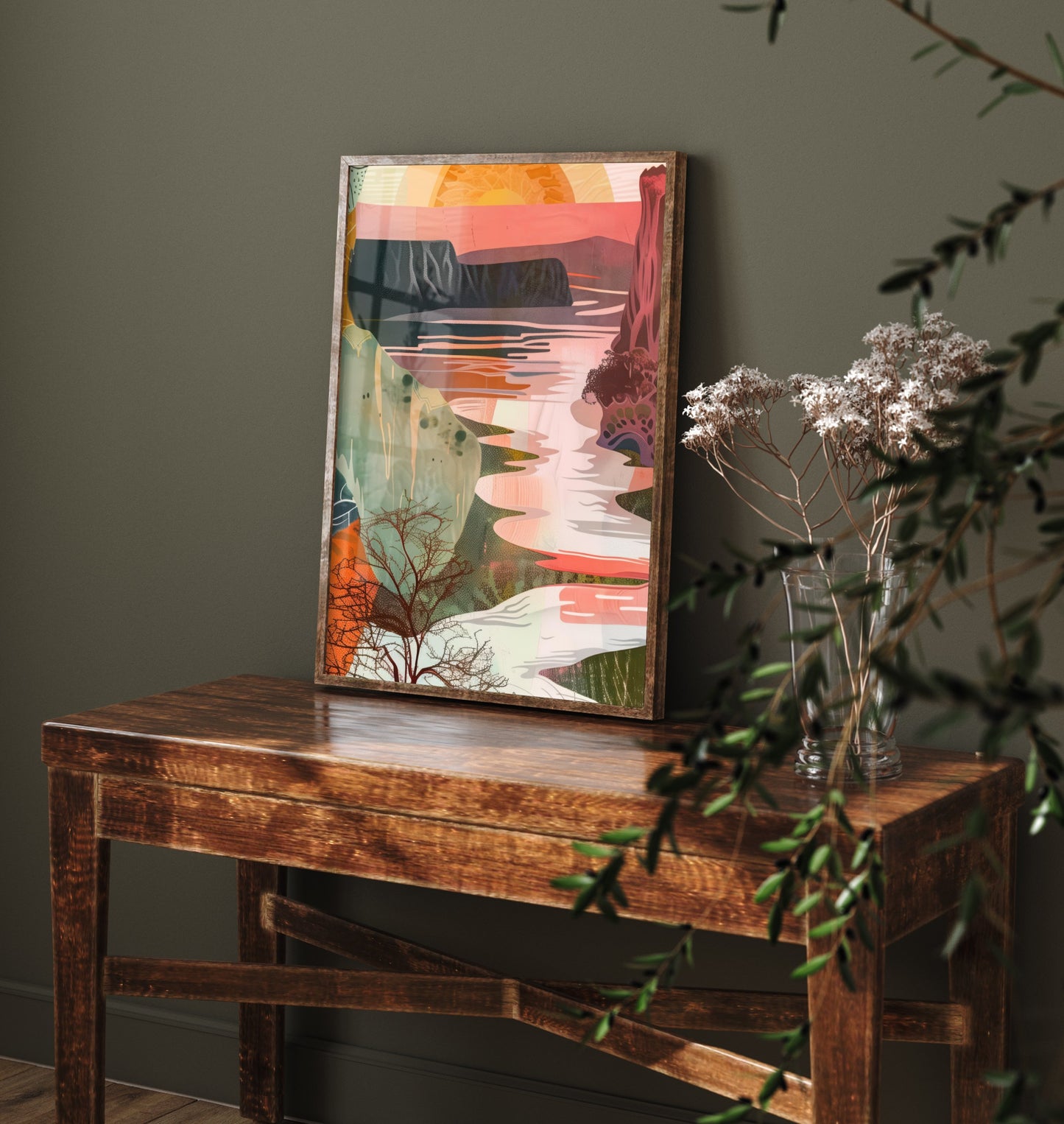 Abstract Canyon Art Print - Coral Pink Sunset Poster - Boho Textured Painting - Sunset River V6 2/3