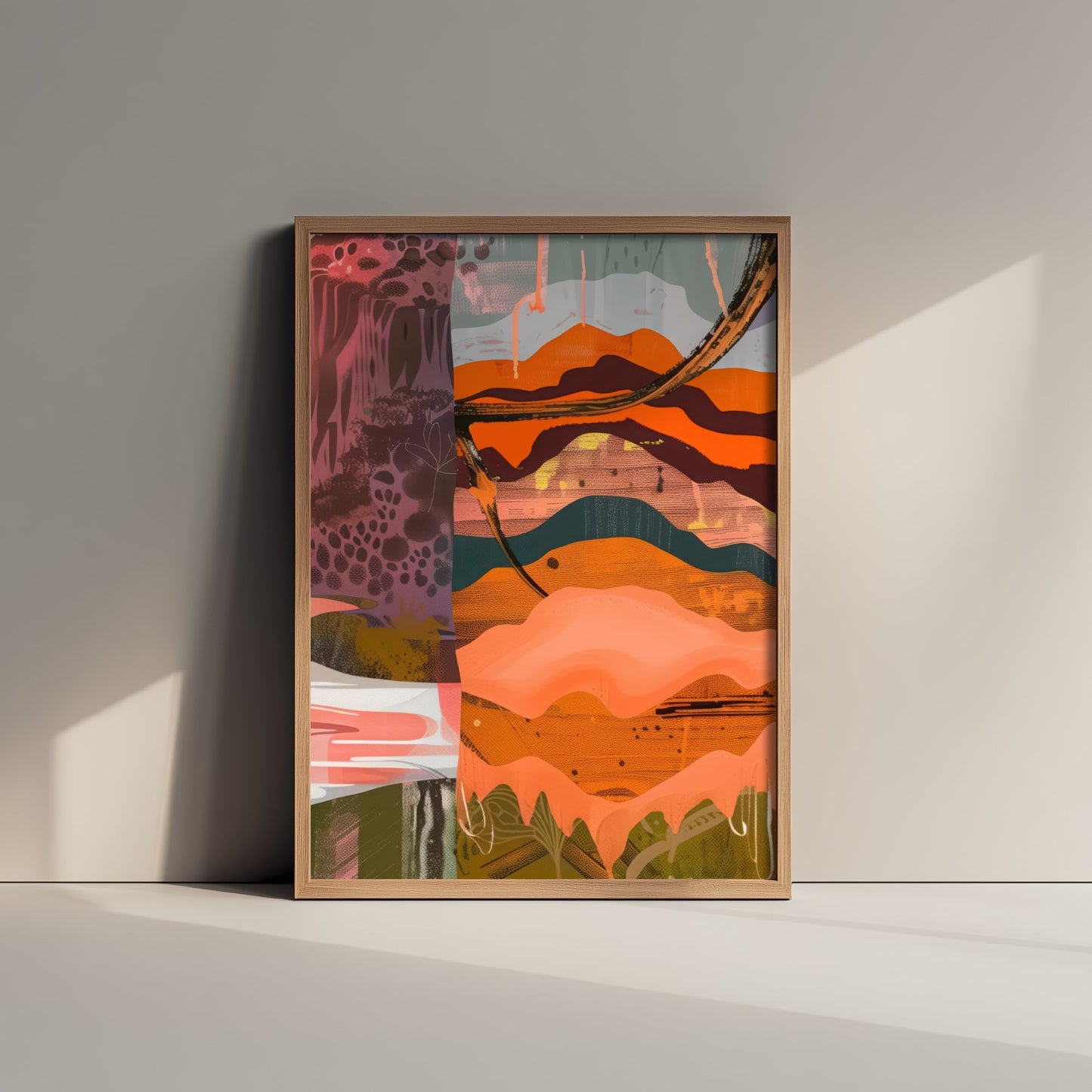Abstract Canyon Art Print - Coral Pink Sunset Poster - Boho Textured Painting - Layered Hills V6 3/3