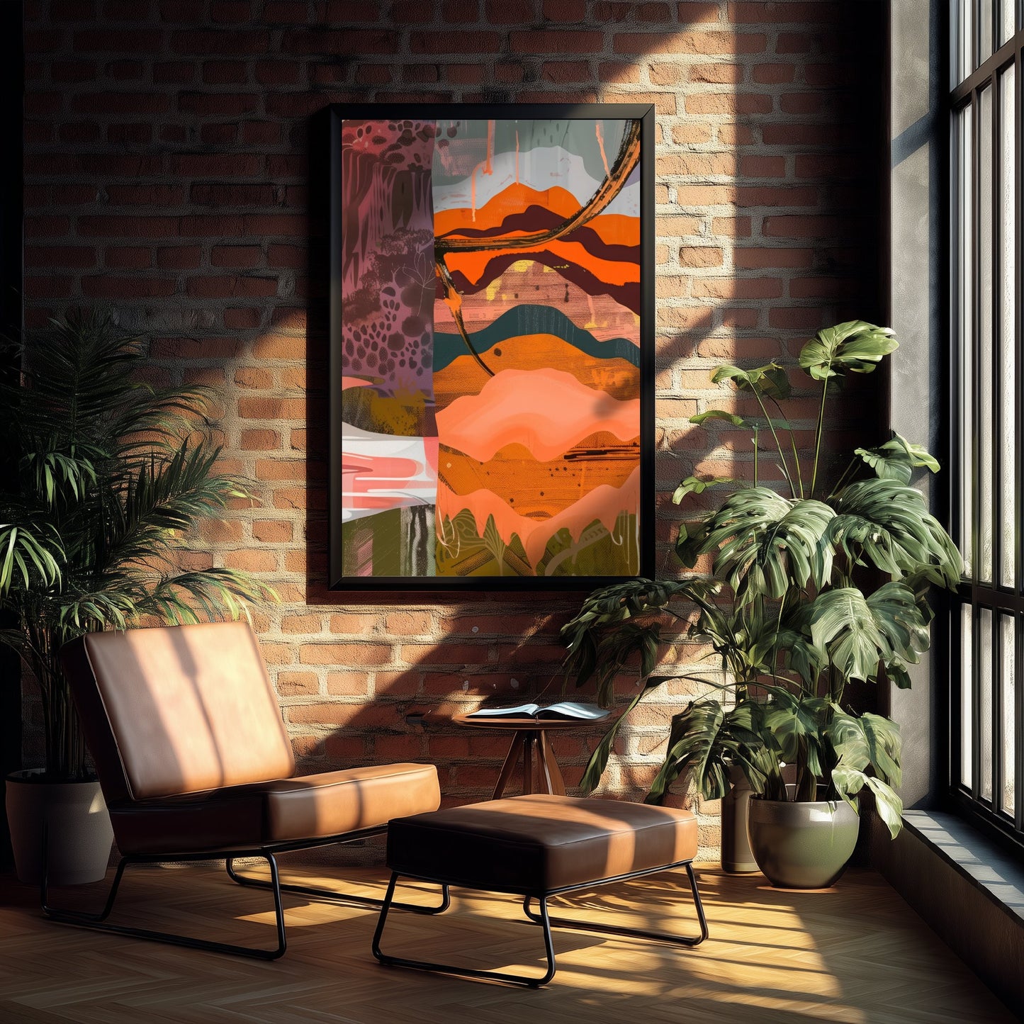 Abstract Canyon Art Print - Coral Pink Sunset Poster - Boho Textured Painting - Layered Hills V6 3/3