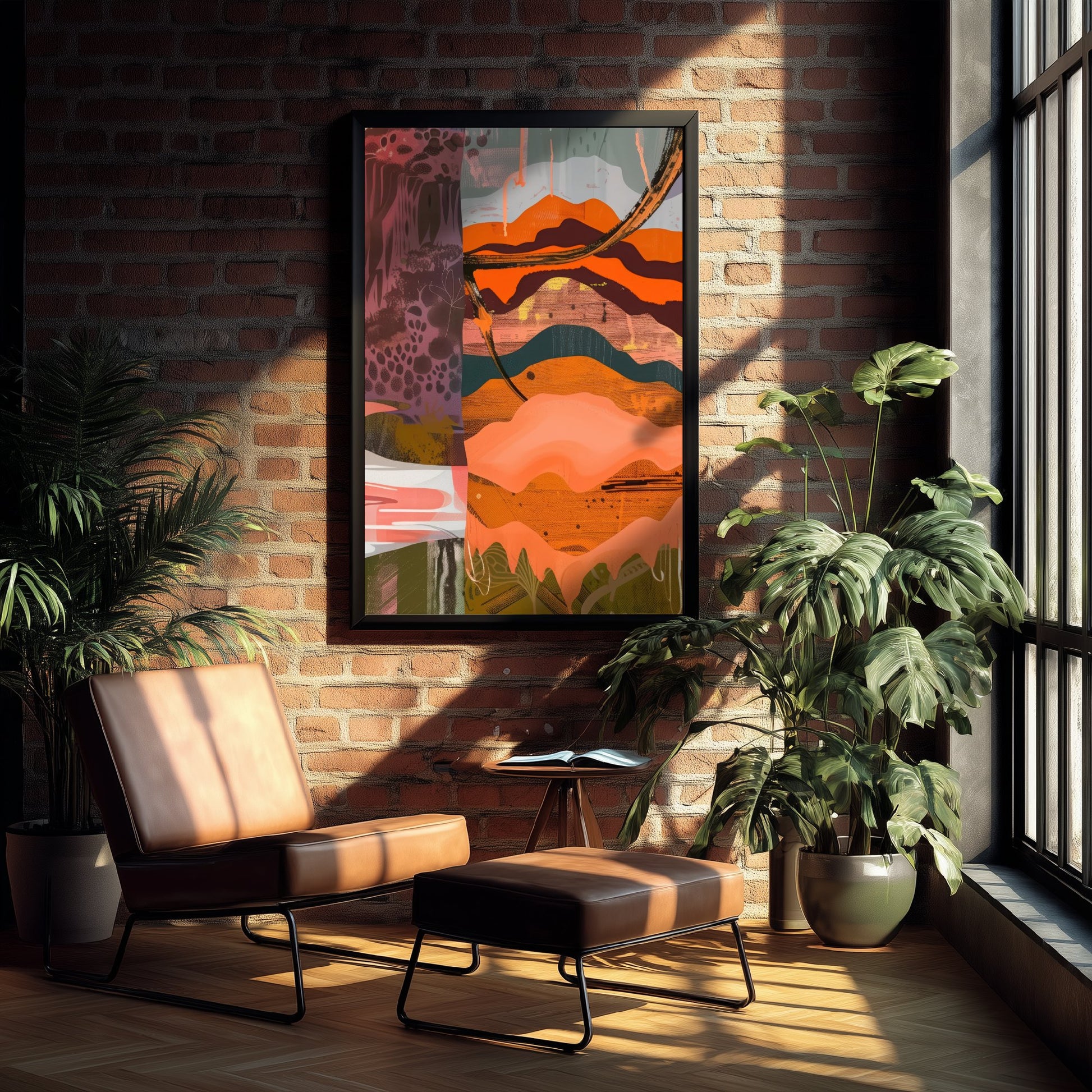 Abstract Canyon Art Print - Coral Pink Sunset Poster - Boho Textured Painting - Layered Hills V6 3/3