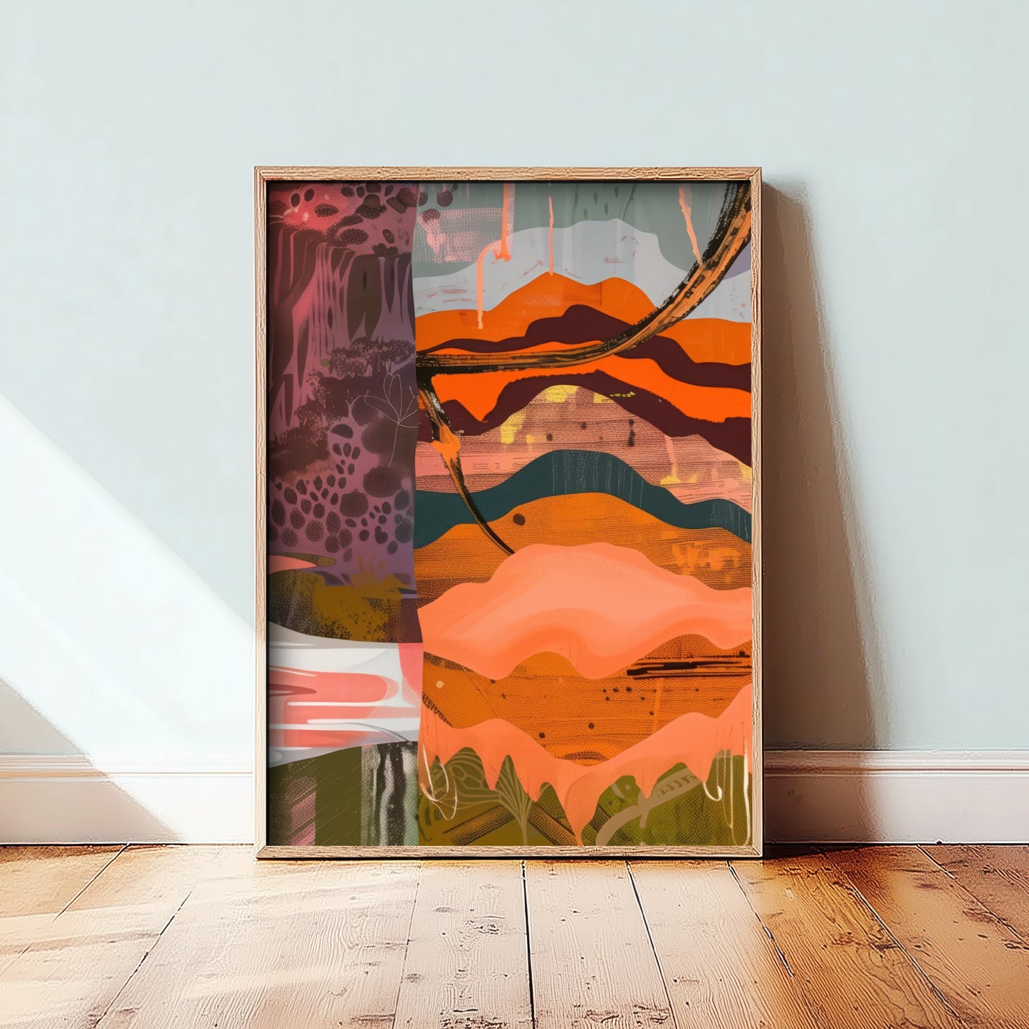 Abstract Canyon Art Print - Coral Pink Sunset Poster - Boho Textured Painting - Layered Hills V6 3/3