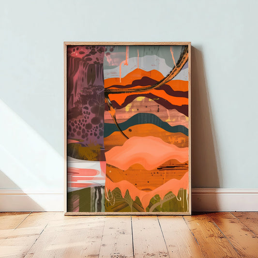 Abstract Canyon Art Print - Coral Pink Sunset Poster - Boho Textured Painting - Layered Hills V6 3/3