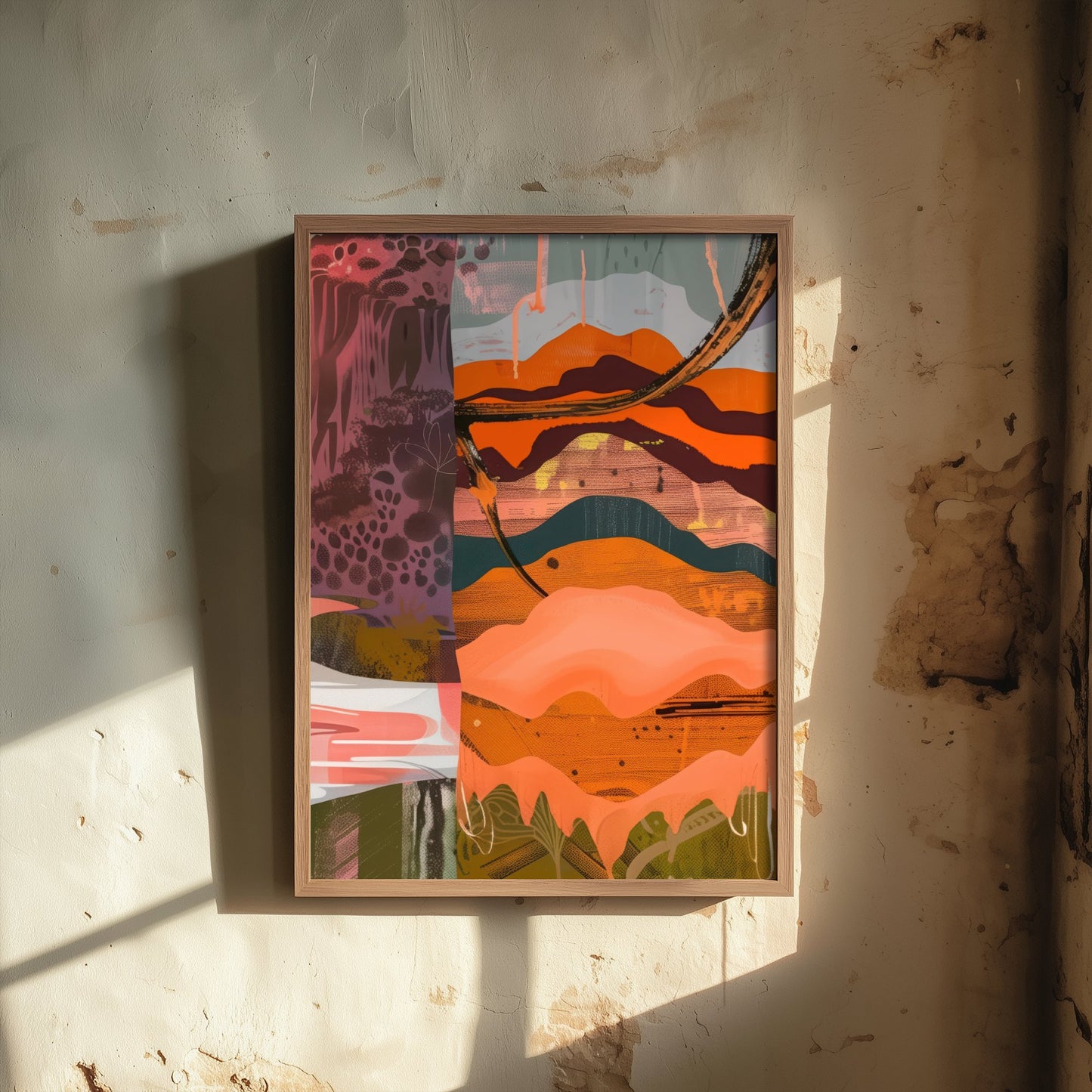 Abstract Canyon Art Print - Coral Pink Sunset Poster - Boho Textured Painting - Layered Hills V6 3/3