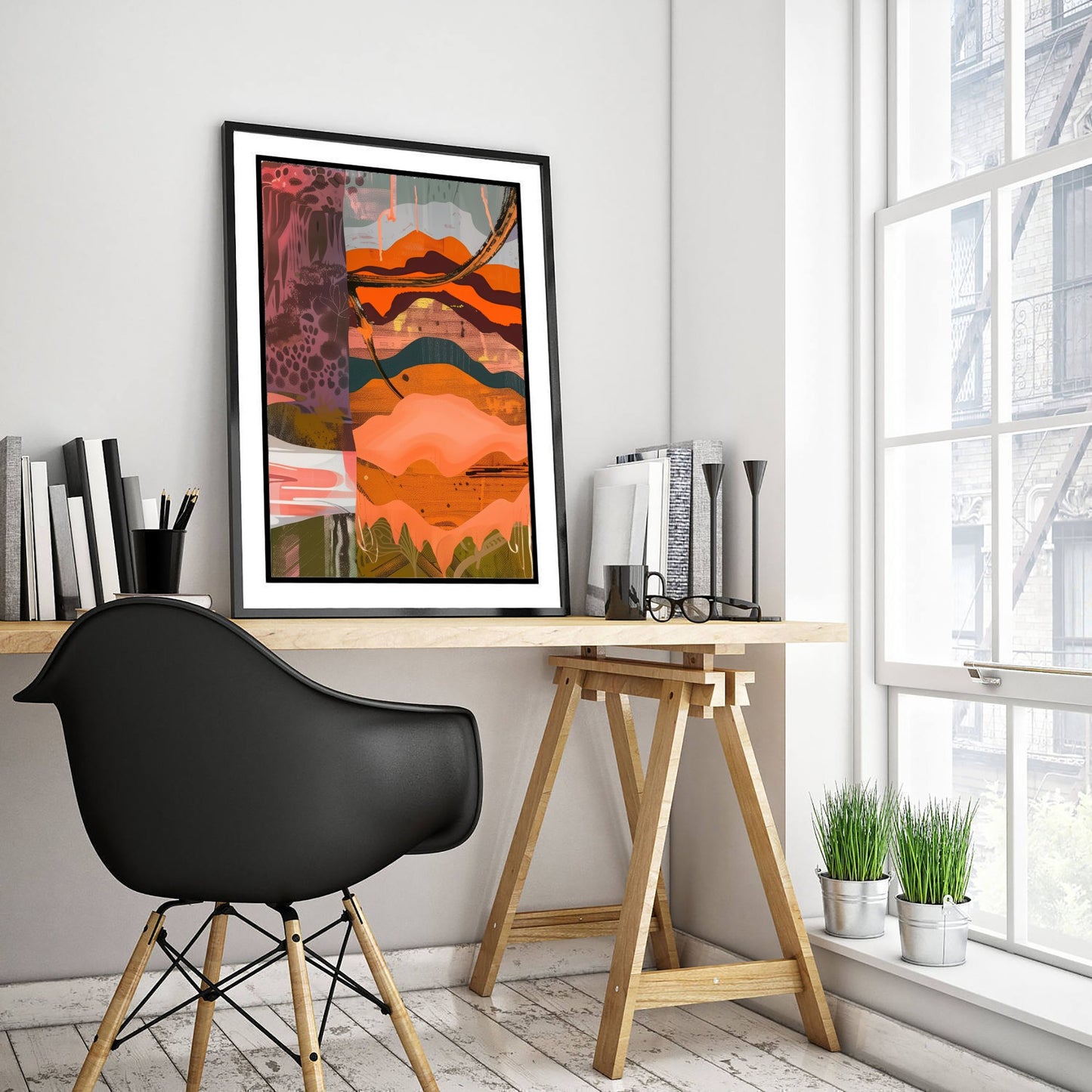 Abstract Canyon Art Print - Coral Pink Sunset Poster - Boho Textured Painting - Layered Hills V6 3/3