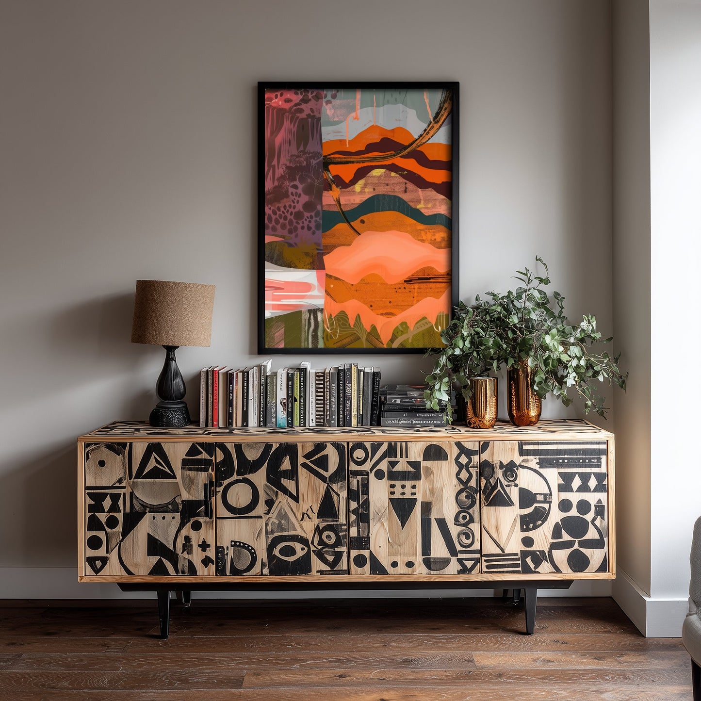 Abstract Canyon Art Print - Coral Pink Sunset Poster - Boho Textured Painting - Layered Hills V6 3/3