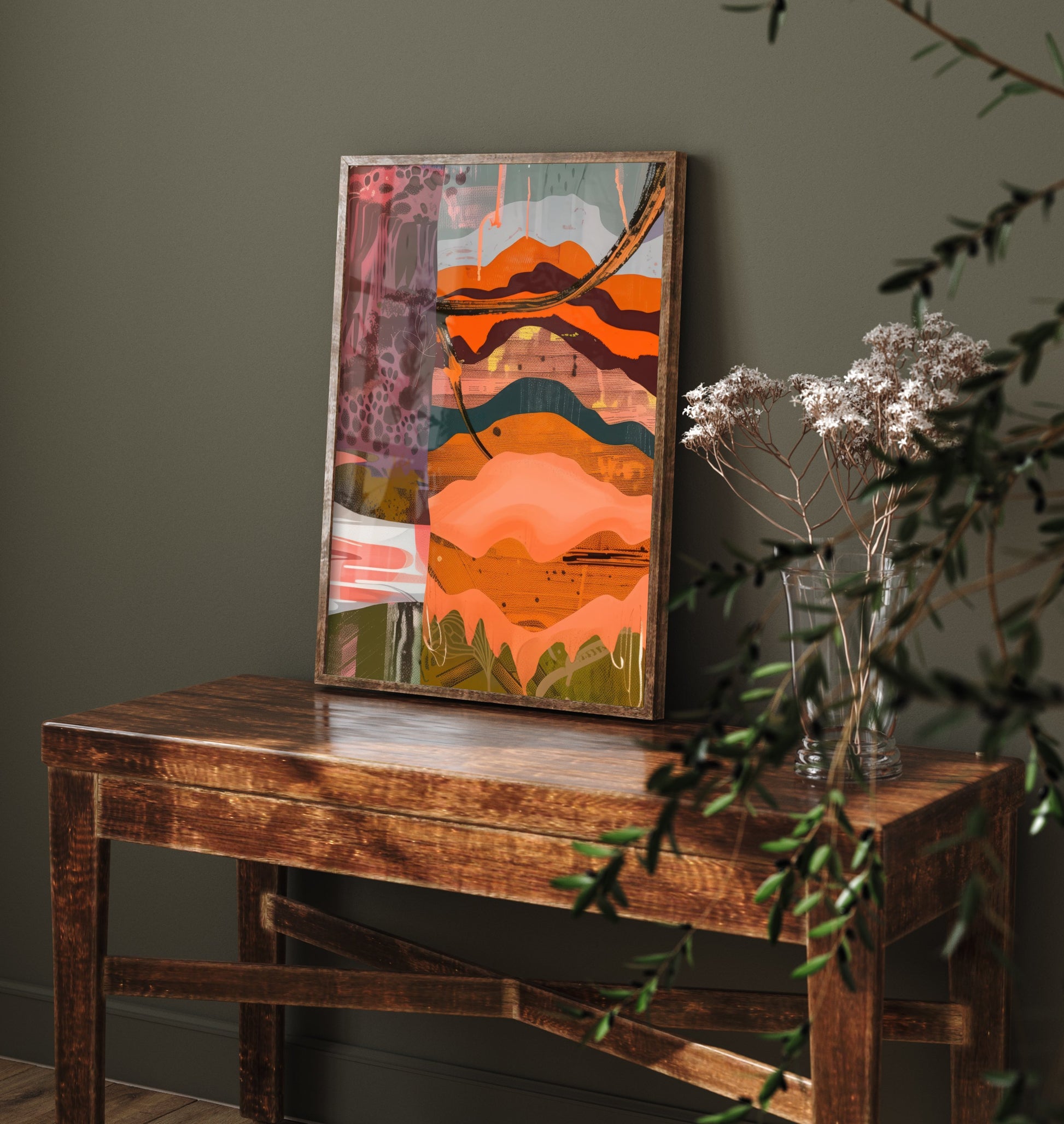 Abstract Canyon Art Print - Coral Pink Sunset Poster - Boho Textured Painting - Layered Hills V6 3/3