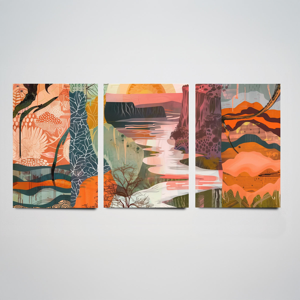Conceptual Canyon Set of Three Art Prints V6 - Terracotta Patchwork Valley - Boho Abstract Landscape Collage Illustration Poster
