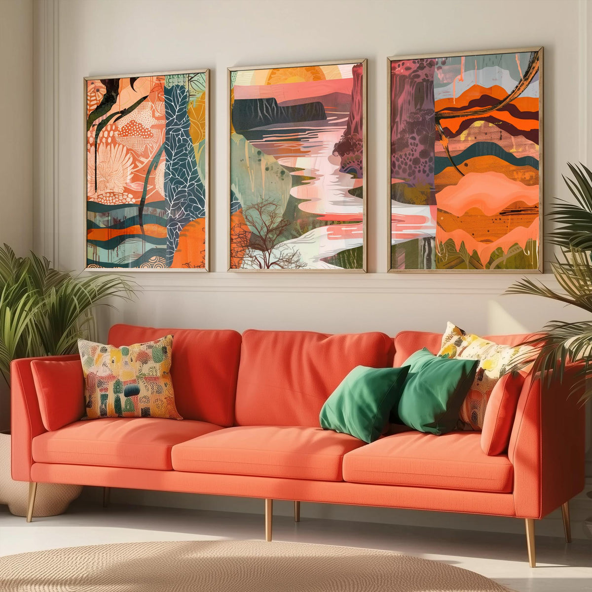 Conceptual Canyon Set of Three Art Prints V6 - Terracotta Patchwork Valley - Boho Abstract Landscape Collage Illustration Poster