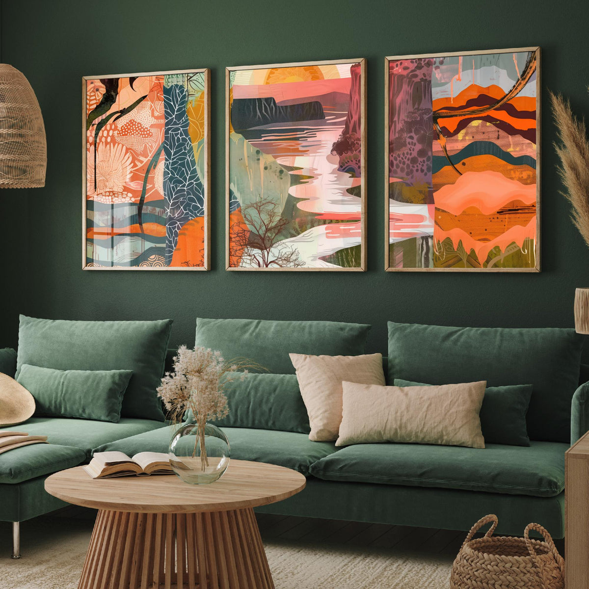 Conceptual Canyon Set of Three Art Prints V6 - Terracotta Patchwork Valley - Boho Abstract Landscape Collage Illustration Poster